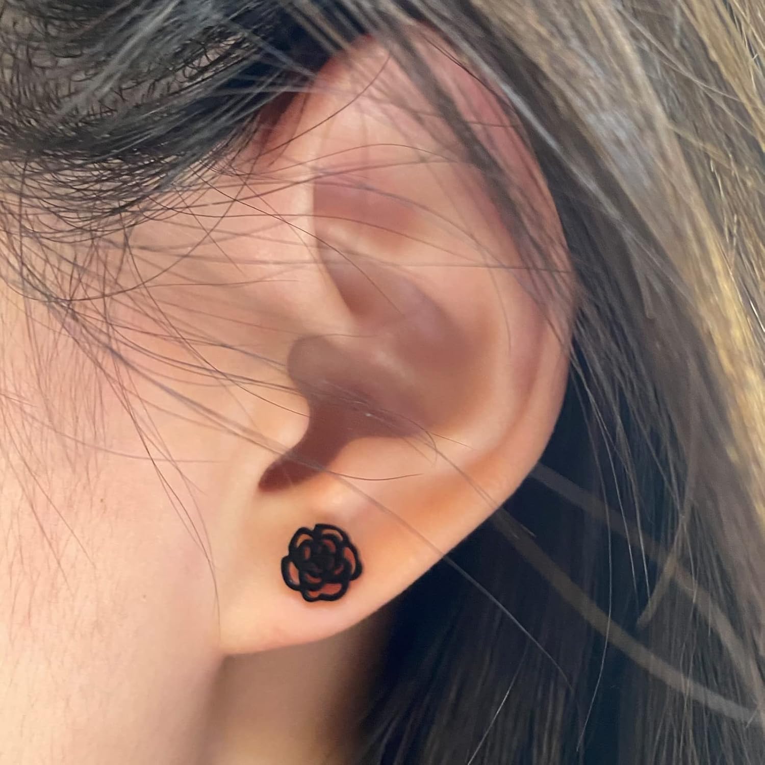 Rose Flower Black Stud Earrings for Women Men Small Cute Unique Cool Stainless Steel Earrings - Image 2