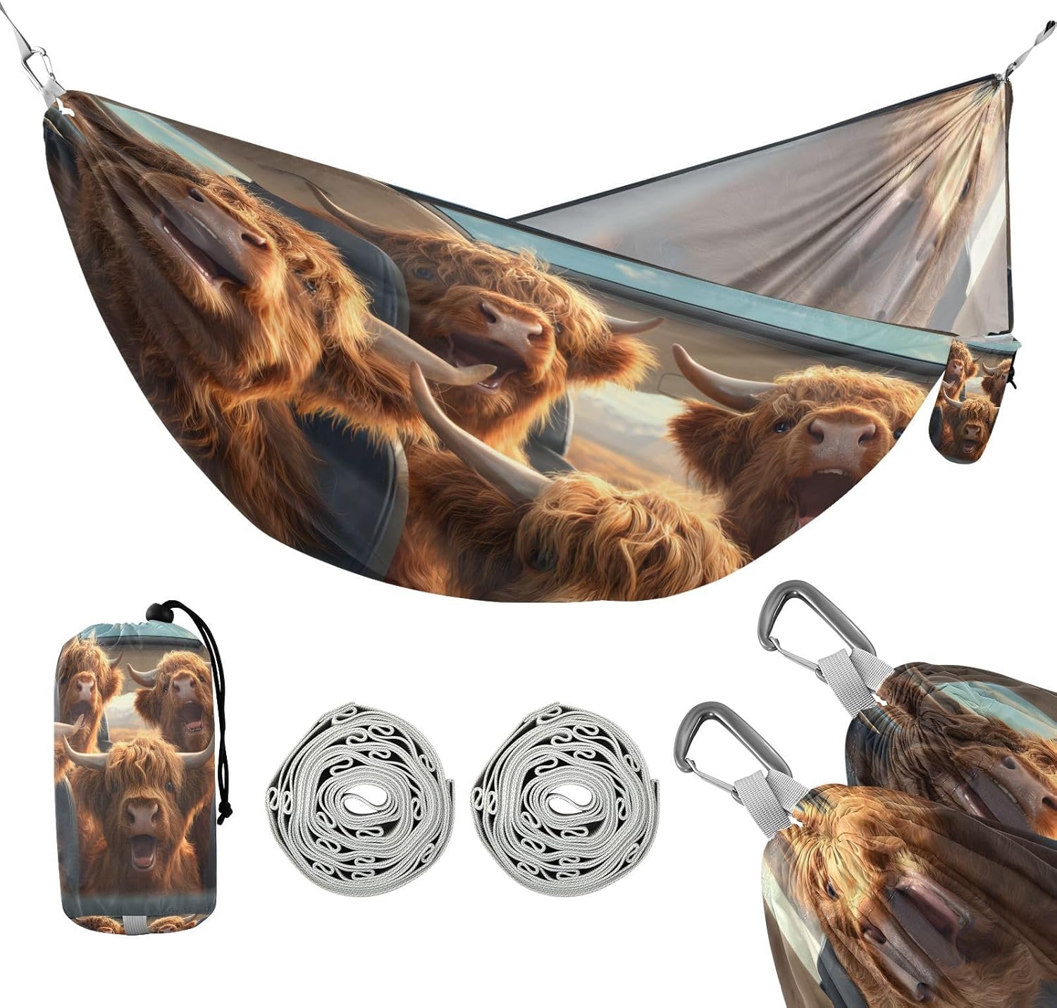 ALAZA Highland Cow Driving Funny Animals Camping Hammocks Single or 2 Person 500 lbs Portable Parachute Travel Hammock w/Tree Straps for Hiking Backpacking Indoor Outdoor