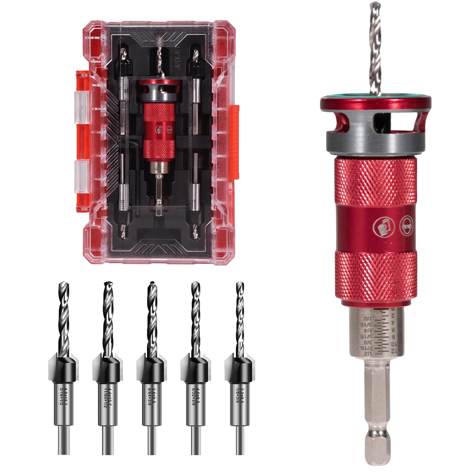 Mtchavno Countersink Drill Bit of 5, Countersink Bit with Depth Stop, Countersink Wood Set with 1/4 Inch Hex Shank, Made of HSS-M2, Precise Drills, Semi-Automatic Scale Adjustment, for Wood Processing โ image 1
