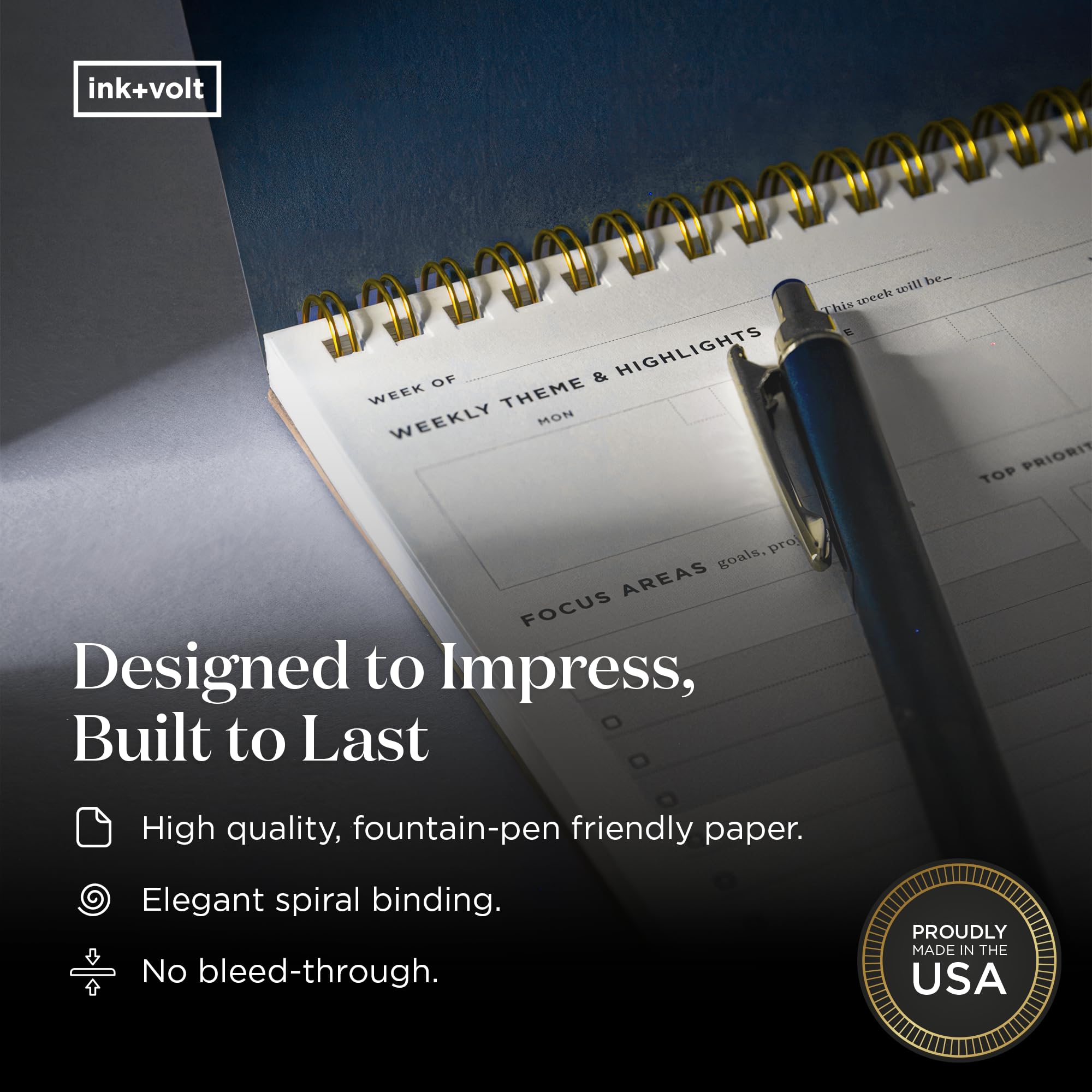 Ink+Volt Dashboard Spiral Deskpad | Agenda settimanale non datata con 52 fogli non datati, pianificatore di produttività premium, lista settimanale minimalista delle cose da fare per lavoro e studio |