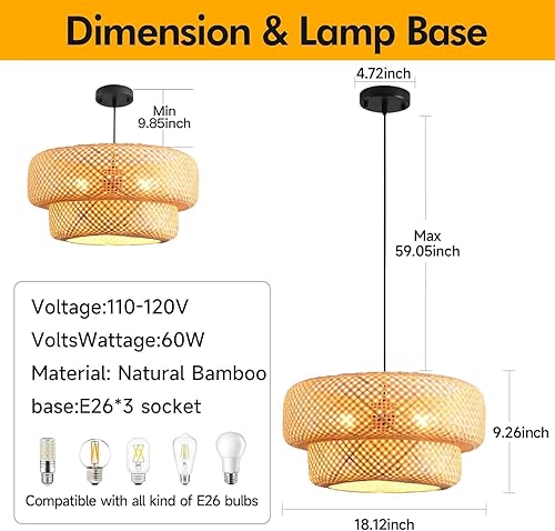 Miniatura 9 de LHJIHFU Luces colgantes para isla de cocina con forma de lamshape de bambú de 3 capas, moderna lámpara colgante de bambú tejida a mano para sala de