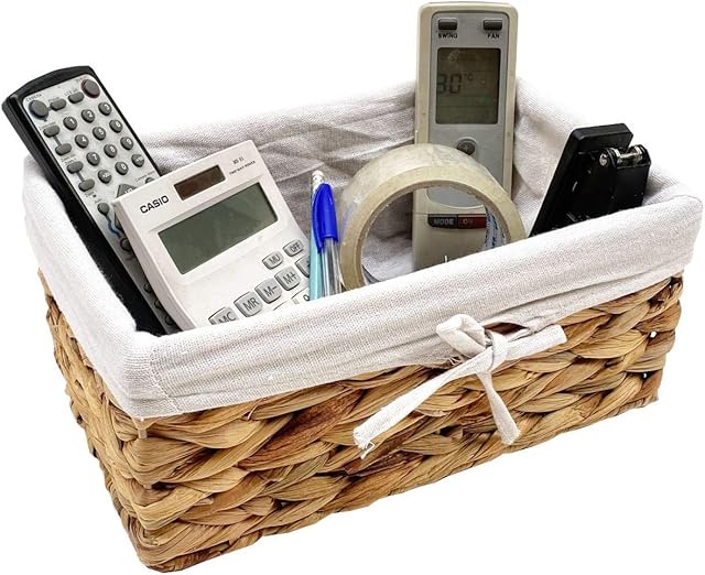 Woven Natural Water Hyacinth Rectangular Storage basket With Lining Small 28 x 18 x 12 cm
