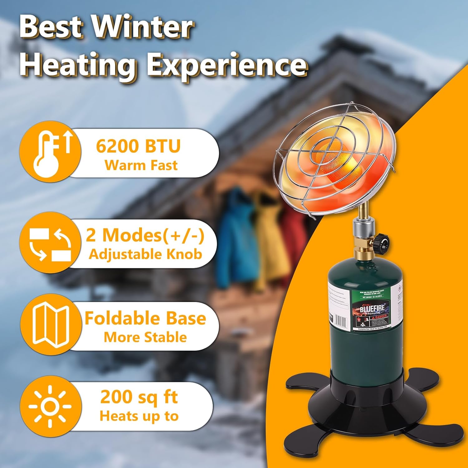 Hotdevil Portable Propane Heater for Camping Outdoor Space 6200BTU Power with Control Valve Suitable for 1lb Small Propane Gas Tank