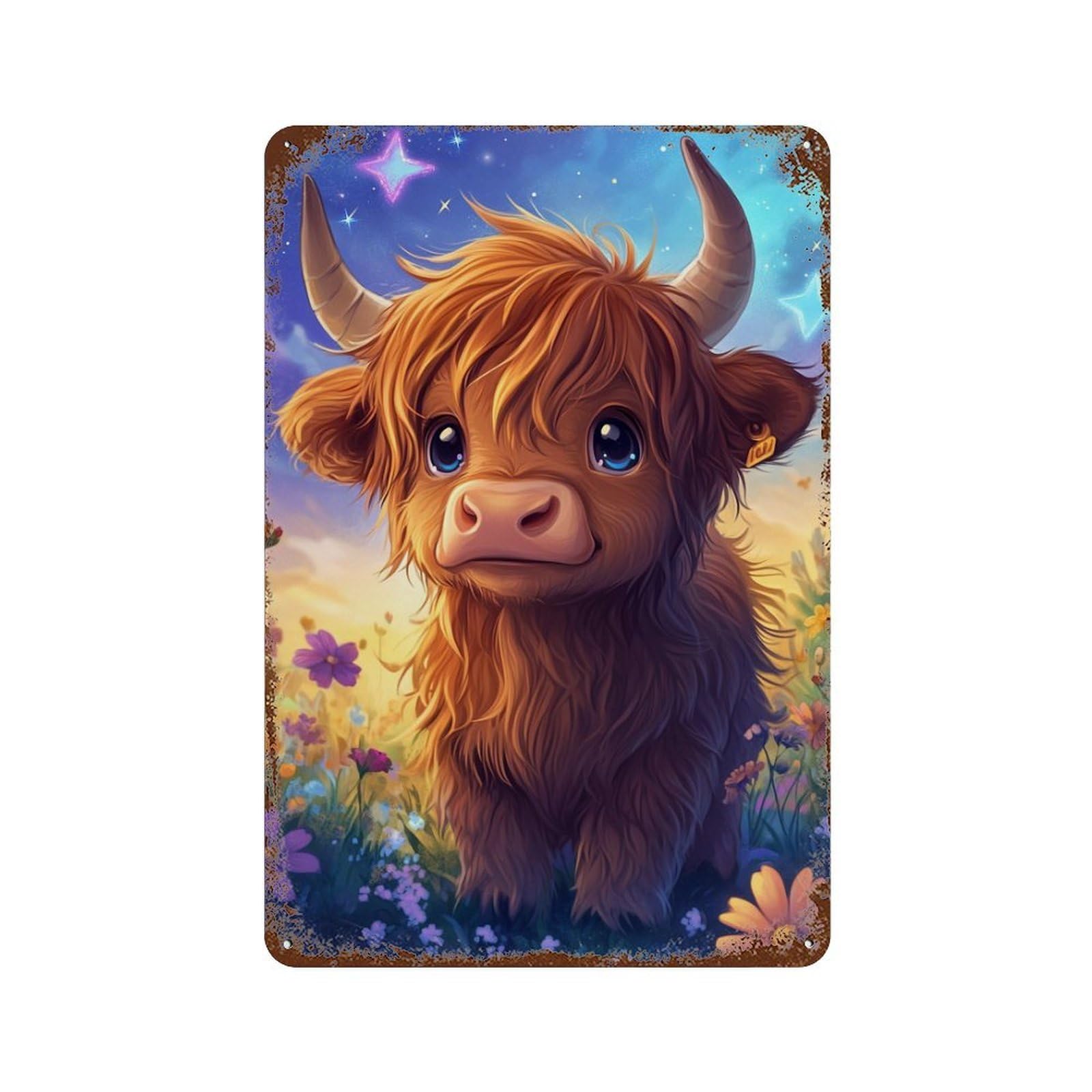Fantasy Highland Cow in Flowers -1 Aged Metal Wall Plaque 11.8"x7.9", for Shed, Workshop And Garage Wall Decor, Old School Wall Decor