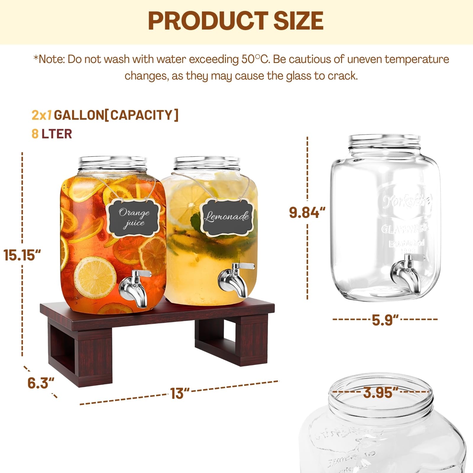 Ofiray-home Getränkespender aus Glas mit Massivholzständer und Edelstahl-Zapfhahn, auslaufsicherer Getränkespender mit Kreidetafel-Etiketten für Limonade, Saft, Eistee und mehr, 2 Stück