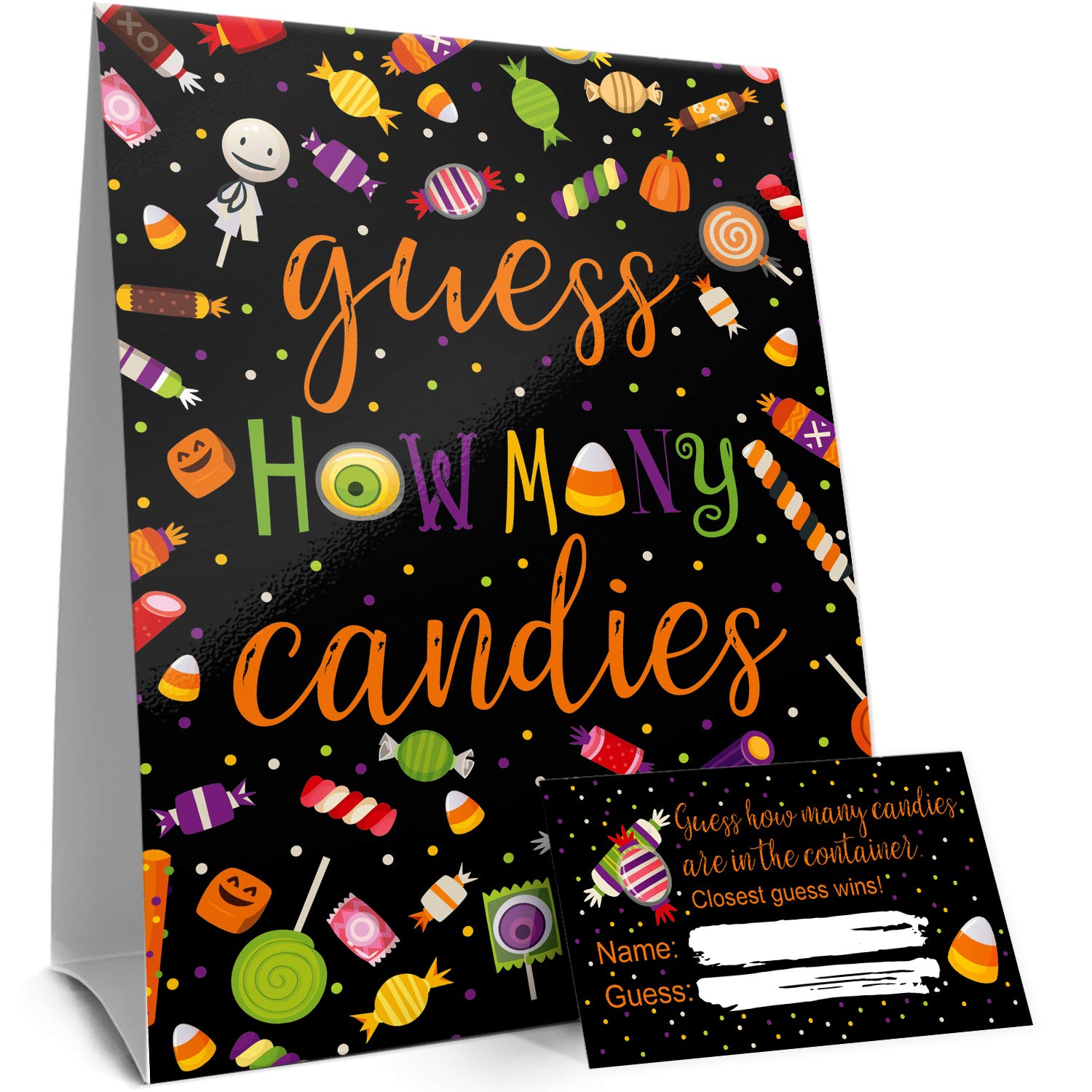 How Many Candies Halloween Party Guessing Game – How Many Candies Are in the Jar Game for Kids, Trick or Treat Party, Fall Festival, Classroom Activity, or Office Contest (1 Sign with 30 Cards)