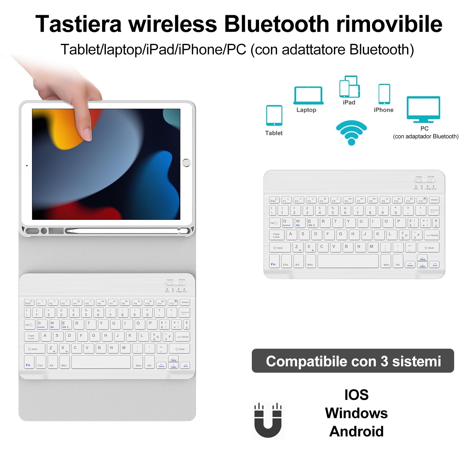 IVEOPPE Custodia Tastiera per iPad 9a Gen 2021/8a Gen 2020/7a Generazione 2019 10.2"/iPad Air 3/Pro 10.5 2017, Cover Tastiera Italiana Rimovibile per ipad, Grigio chiaro