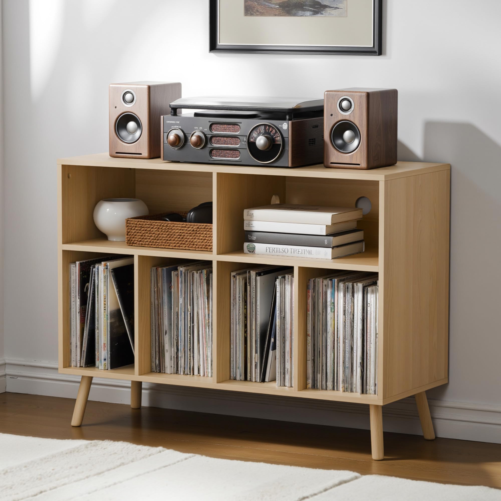 AUREUM OPAL Record Player Stand with Vinyl Storage Cabinet, Wood Turntable Table Open Shelf Holder Up to 350 Albums Cube Storage Organizer for Living Room, Office, Oak