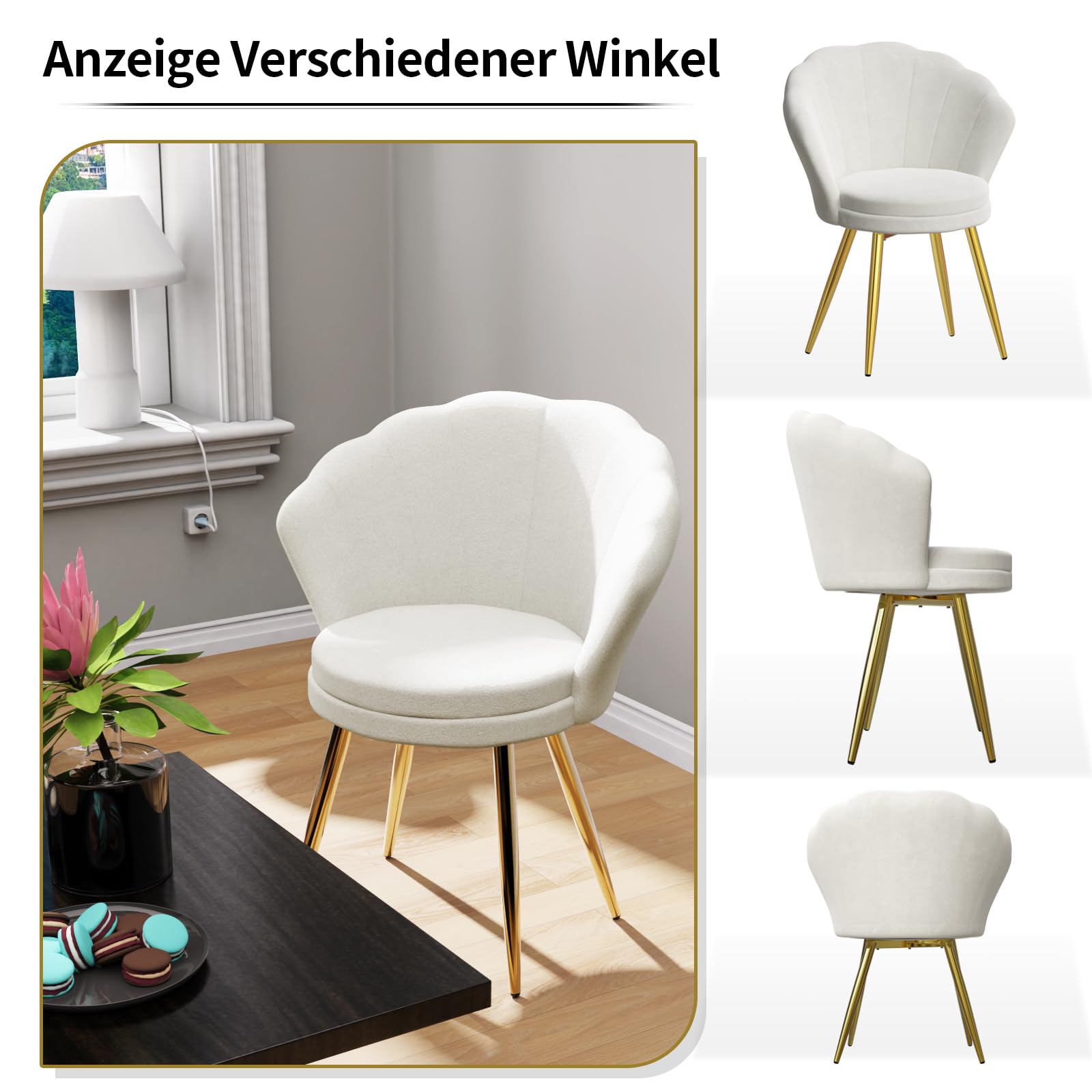 Chaise Coiffeuse, Fauteuil Coquillage en Velours, Fauteuils Salon Fauteuil Coiffeuse Confortable, Chaises Salle à Manger Chaise Rembourrée avec Pied Métal pour Chambre /Salon,42x40x80cm,1PC,Blanc