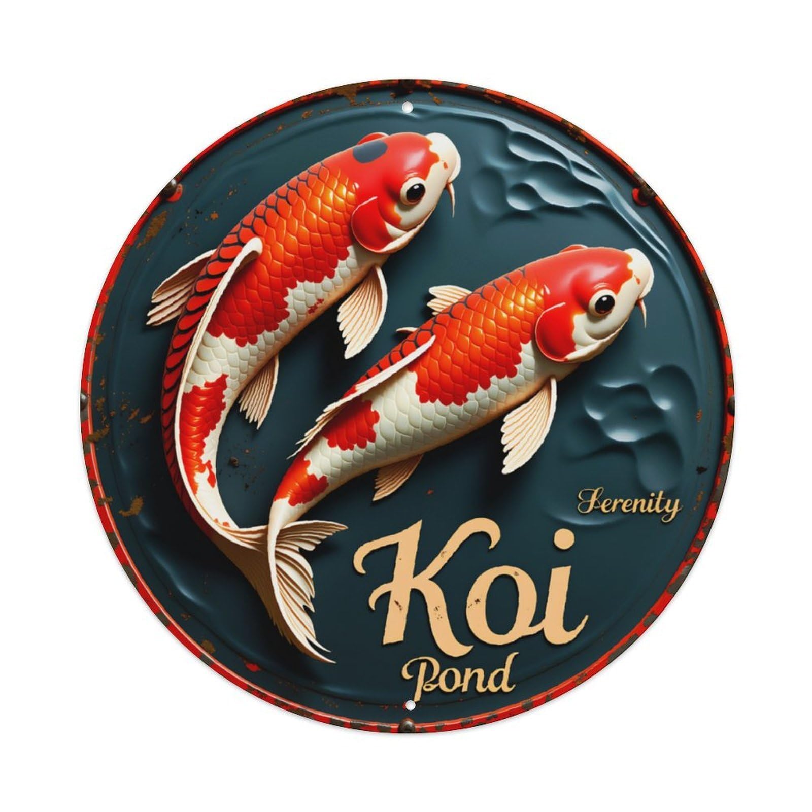 Ldfuieksufg Style Serenity Koi Pond 3D Embossed Retro Round Sign Vintage Aluminium Metal Sign, Retro Wall Decor For Home, Bar, Garage & Farmhouse 20X20cm
