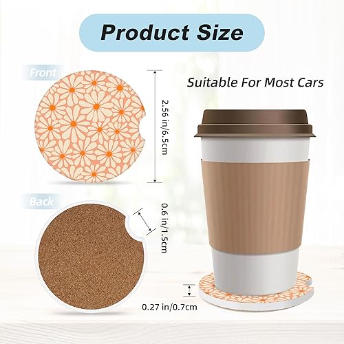 Miniatura 3 de Posavasos florales naranjas para portavasos de automóvil, paquete de 2 posavasos de automóvil para automóvil, posavasos absorbentes de cerámica con
