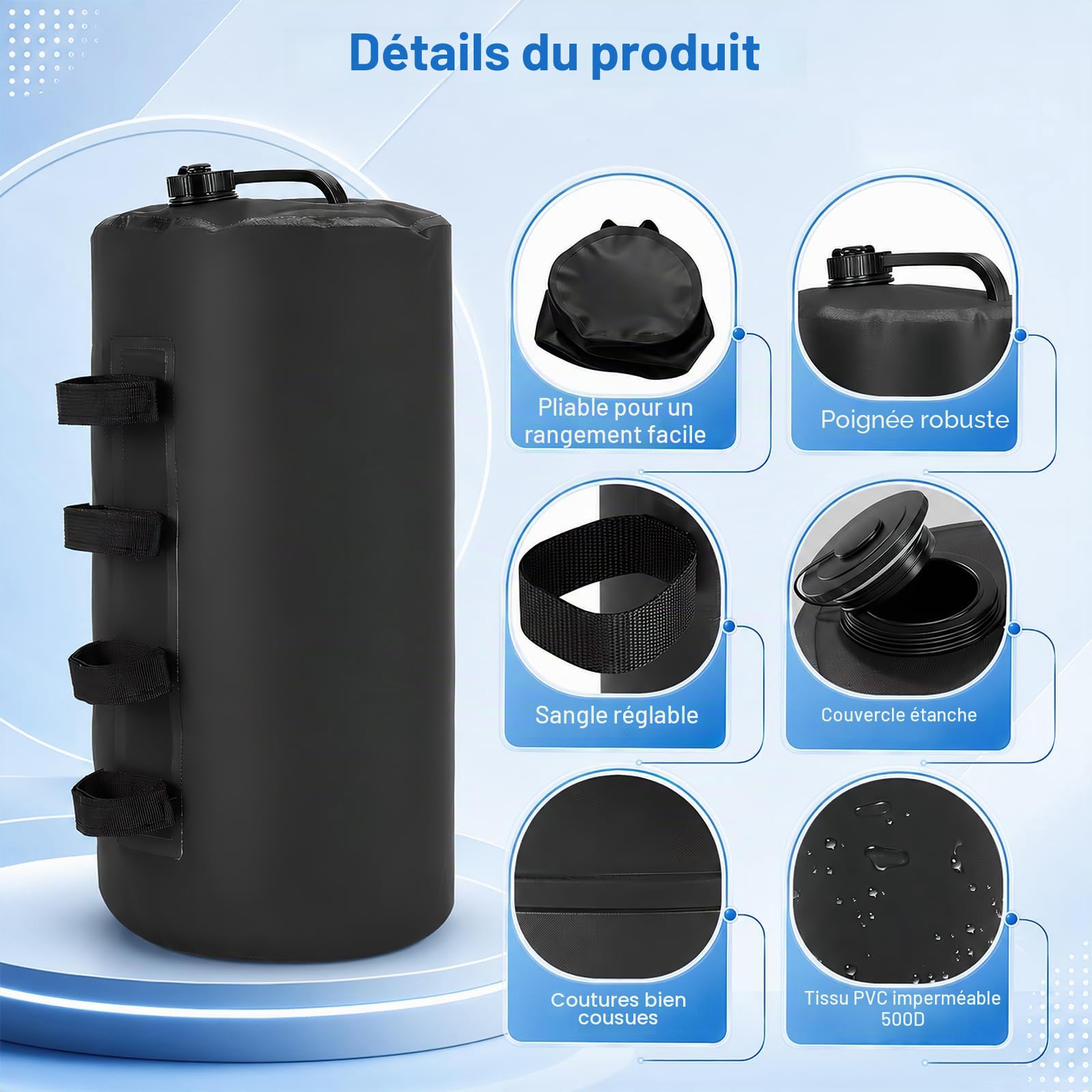 Lot de 4 Poids pour Tonnelle, 20L PVC 500D Sacs Lestage à Eau pour tentes Poids à Eau Portables pour Tonnelles Pliantes avec 4 Sangles Sacs Sable pour Pieds Tonnelle et Tentes Jardin