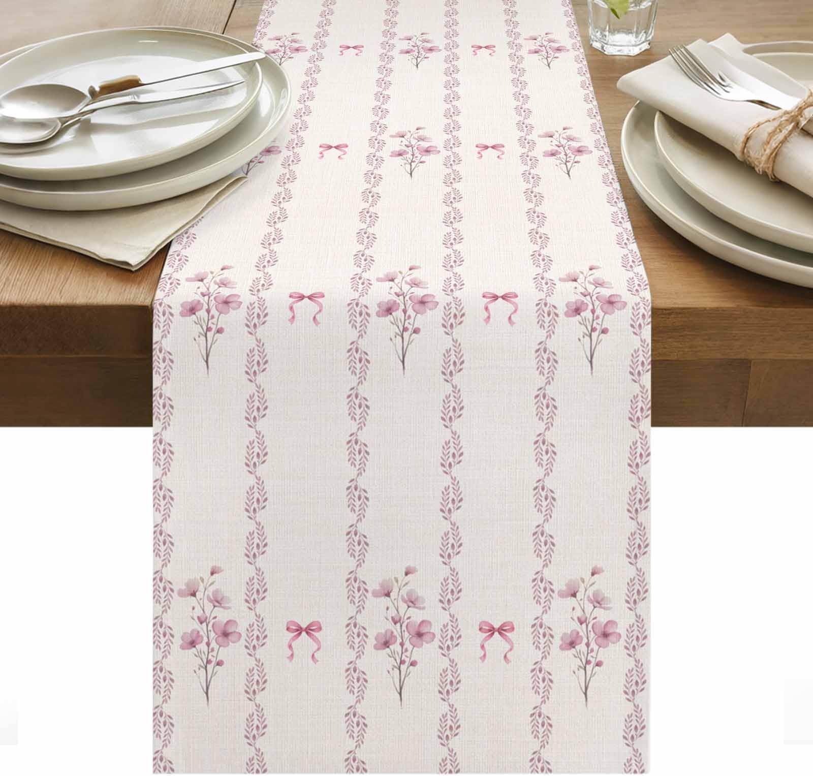 Pink Flowers Table Runner 120 Inches Long, Bow Watercolor Floral Spring Farm Plant Vintage Linen Washable Table Runners Dining Table Deocrations for Home Decor Holiday Party 13" x 120"