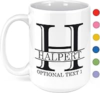 Personalized 15oz Ceramic Coffee Mug with Monogram Custom Text Name Initials - Dishwasher Microwave Safe Gifts for Men Women