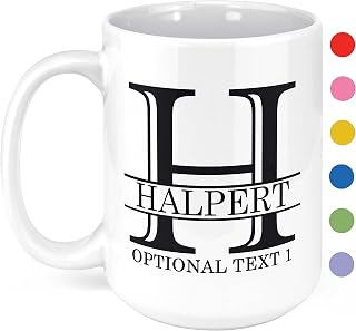 Personalized 15oz Ceramic Coffee Mug with Monogram Custom Text Name Initials - Dishwasher Microwave Safe Gifts for Men Women