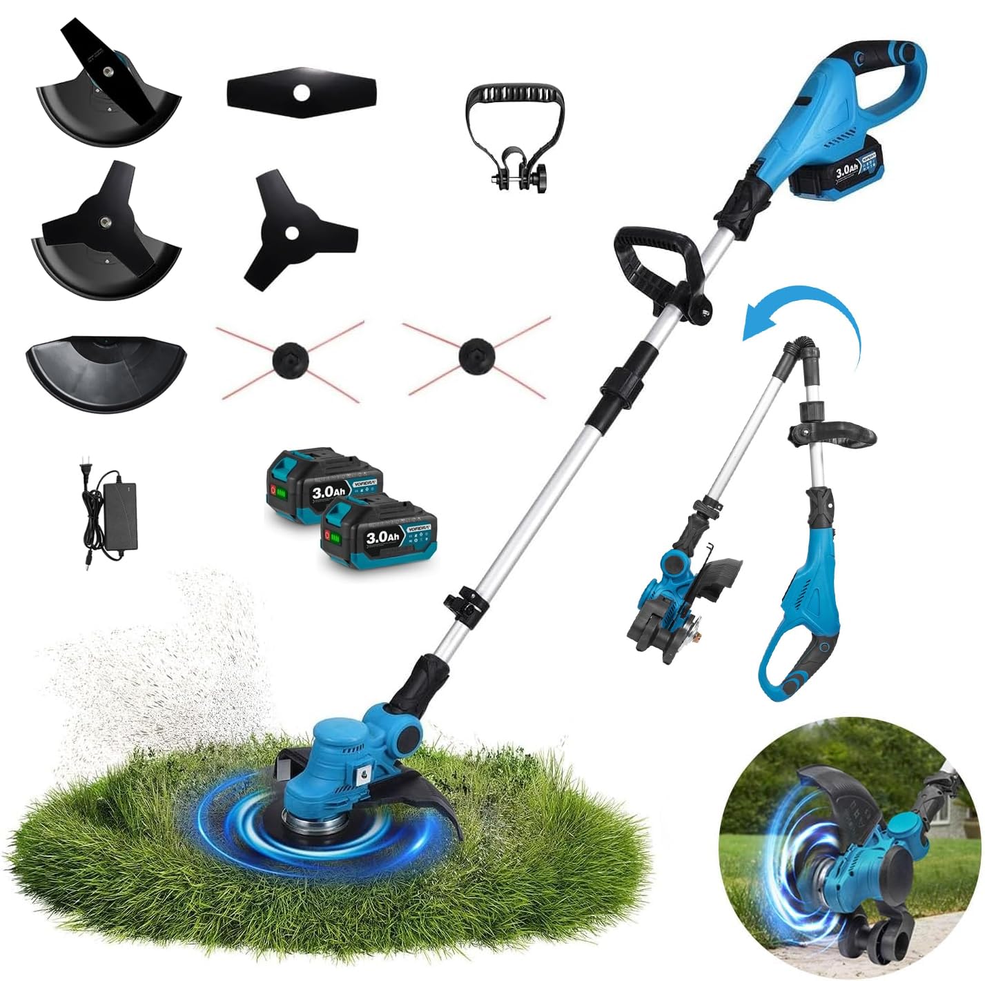 Decespugliatore a batteria, con batteria e caricatore con coltello, 21V con 3.0Ah Batterie e 3 Tipi Lame Taglia Erba da Giardino Elettrico Testata Regolabile per Giardino