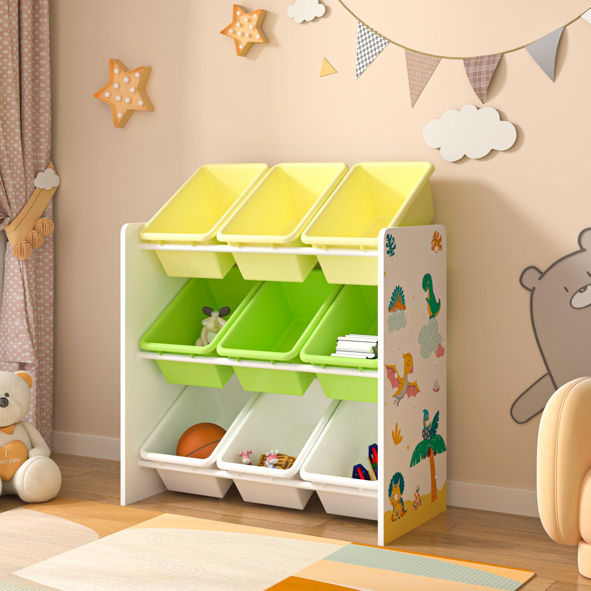 en.casa] Kinderregal Muxía mit 9 Aufbewahrungsboxen Spielzeugregal mit Dinosaurier-Motiv Spielregal Weiß Grün Gelb Kinderzimmer Organizer Küche, Haushalt & Wohnen