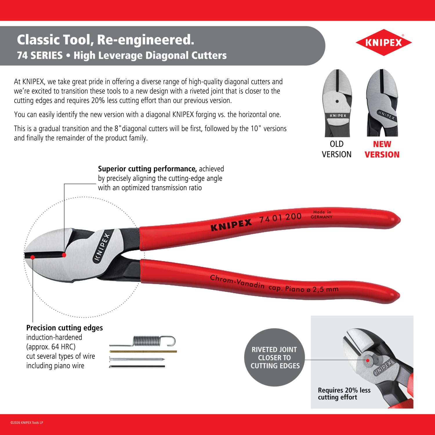 Knipex Pince coupante de côté à forte démultiplication, 74 22 200 | Avec poignées confort 200 mm