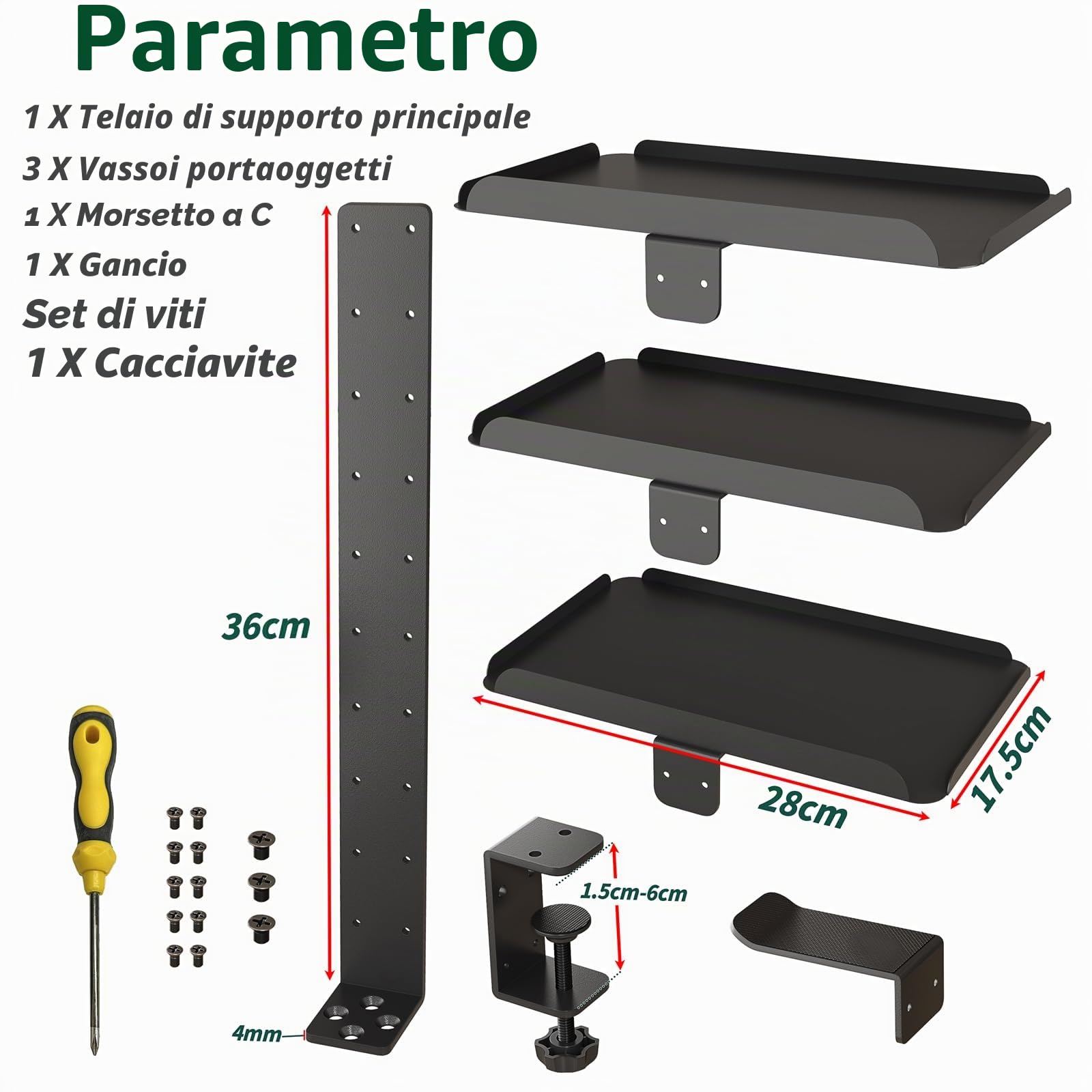 Scaffale Scrivania con Morsetto 3 Ripiani Regolabile, Sopra & Sotto | Senza fori, 3 vassoi 28x17,5cm, per scrivania 1,5-6cm spessore, scaffale acciaio, organizer ufficio, gaming e TV, tavolo