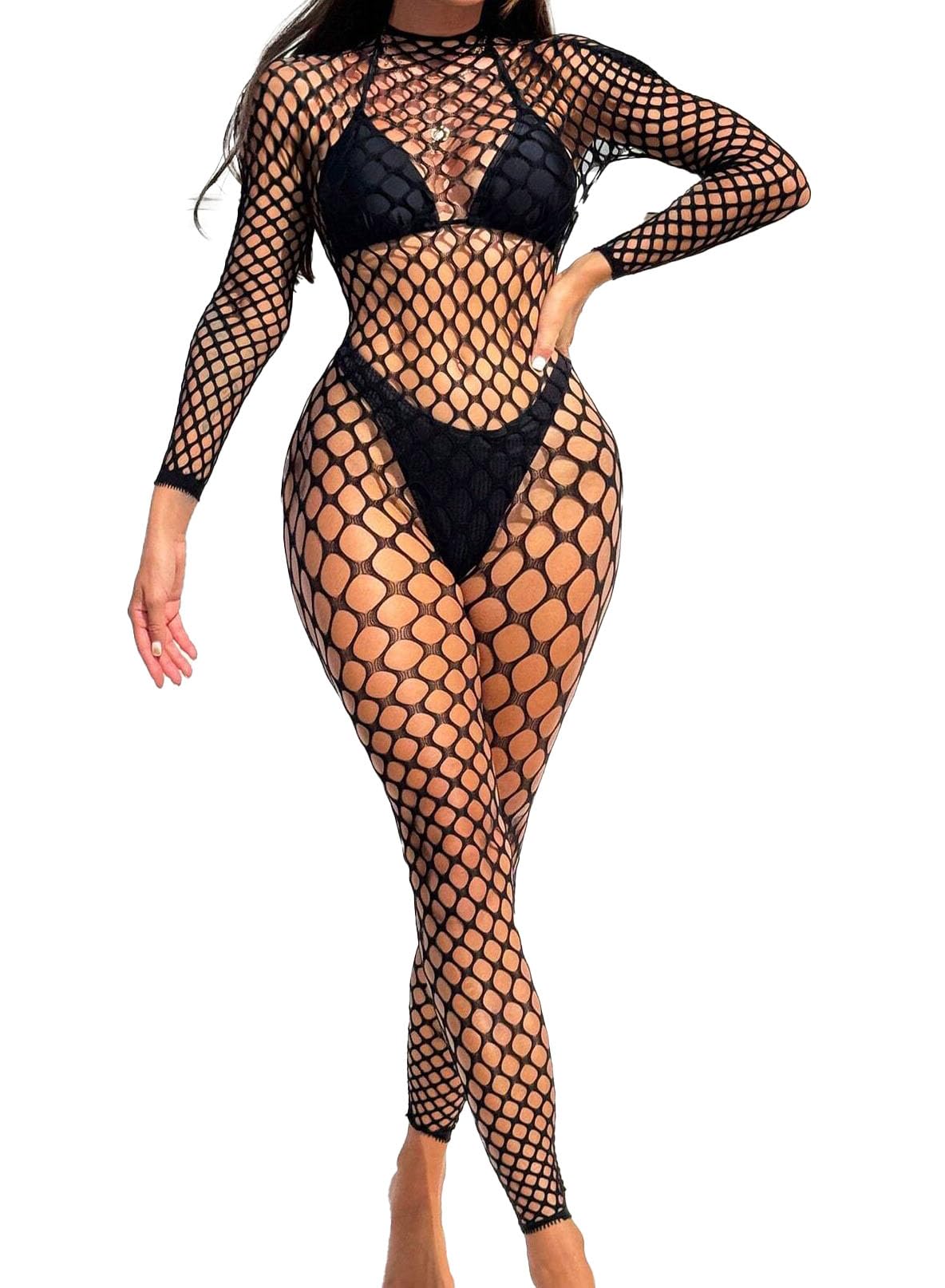 Fishnet Lingerie Full Body Stockings for Women Sexy Mesh Mini Dress with Long Sleeves, Black, See-Through Beach Cover Up (W757 Black, Free Size)
