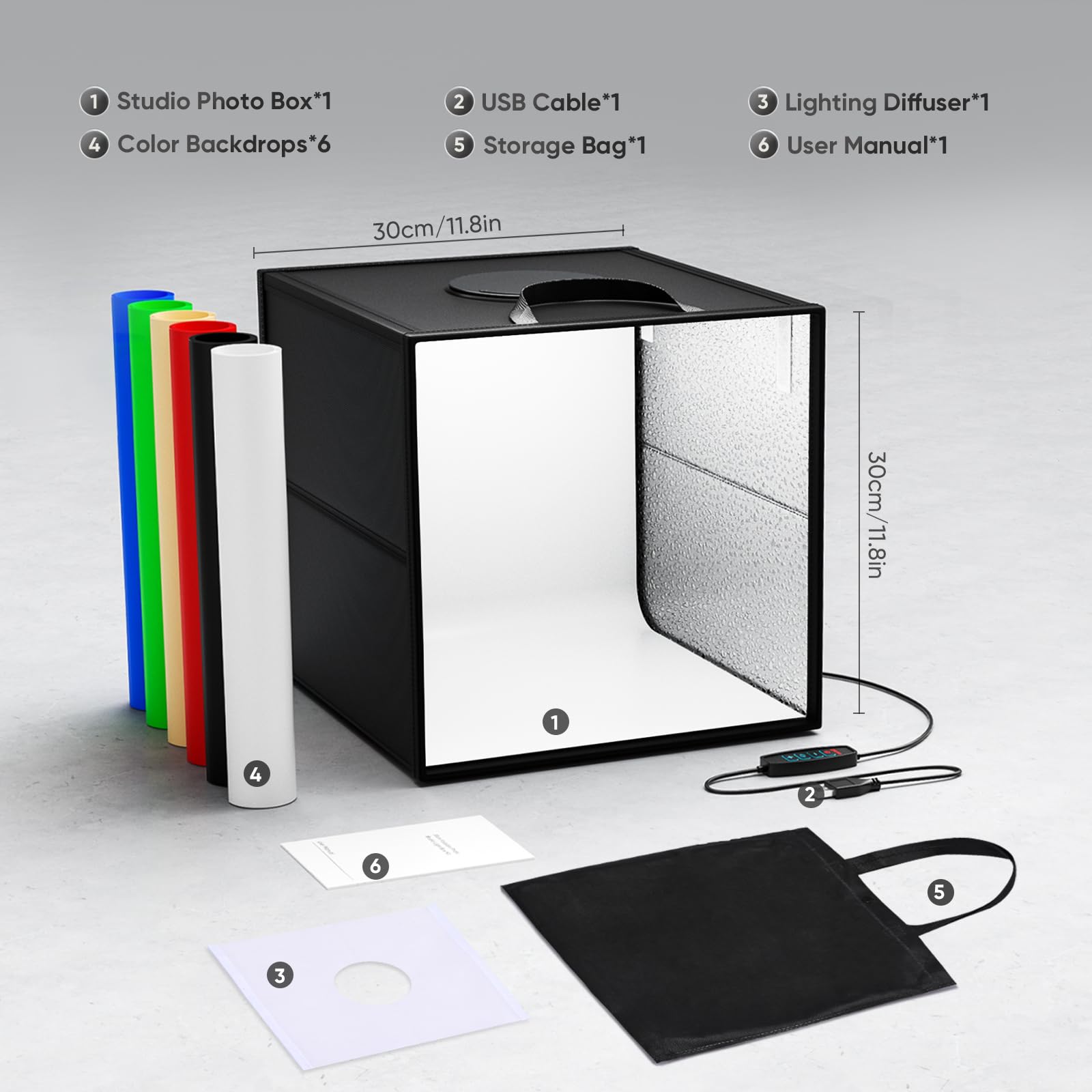 Sunowl Fotografia Luce Box per Studio Portatile, Luminosa per Studio con 120 Luci LED, kit Tenda da tiro portatile dimmerabile con 6 Sfondi Antipolvere CRI > 95 (30×30×30 CM)