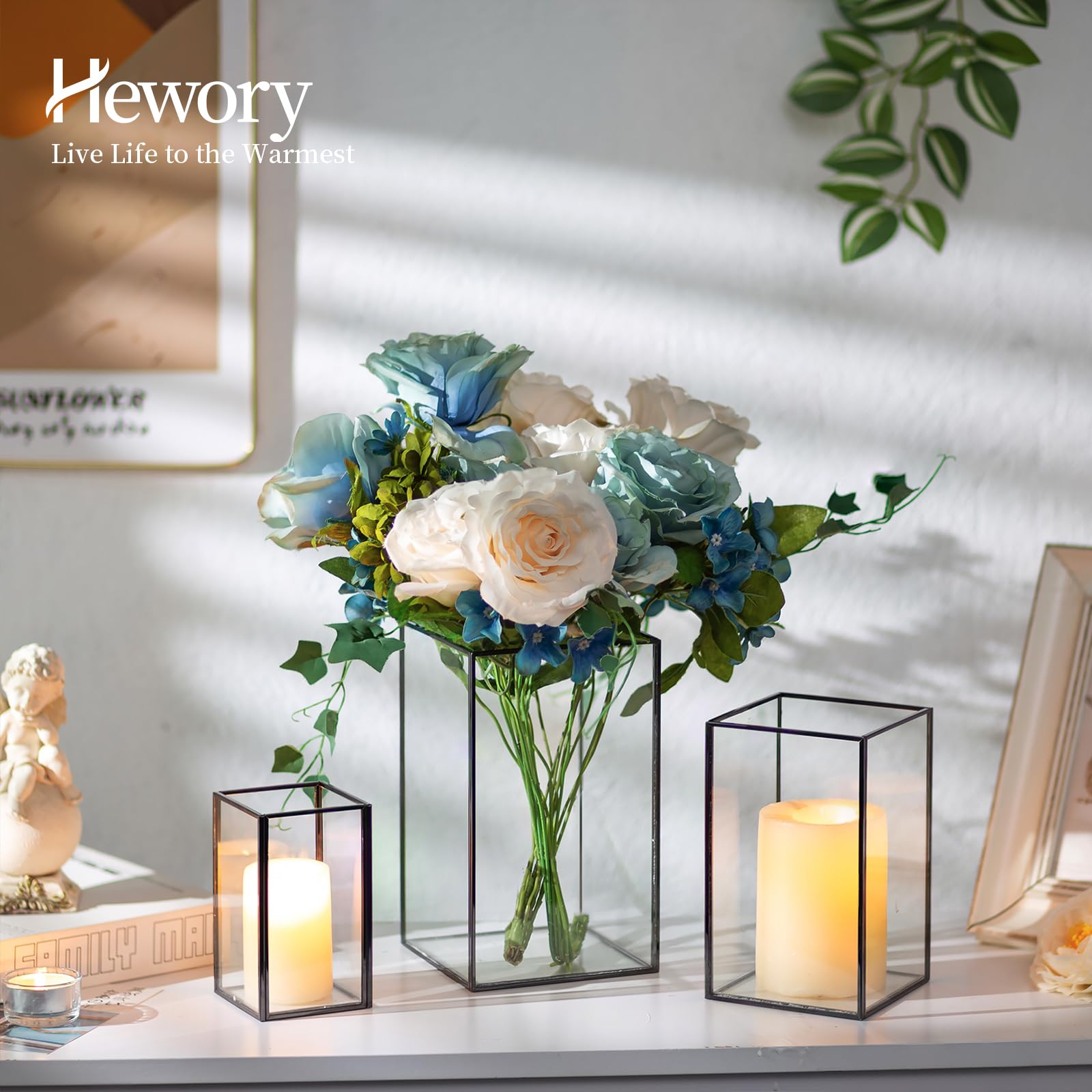 Hewory - Portavelas de cristal grande – 6 piezas rectangulares negras para mesa, farol cuadrado de piso alto para boda, aniversario, fiesta, chimenea, comedor