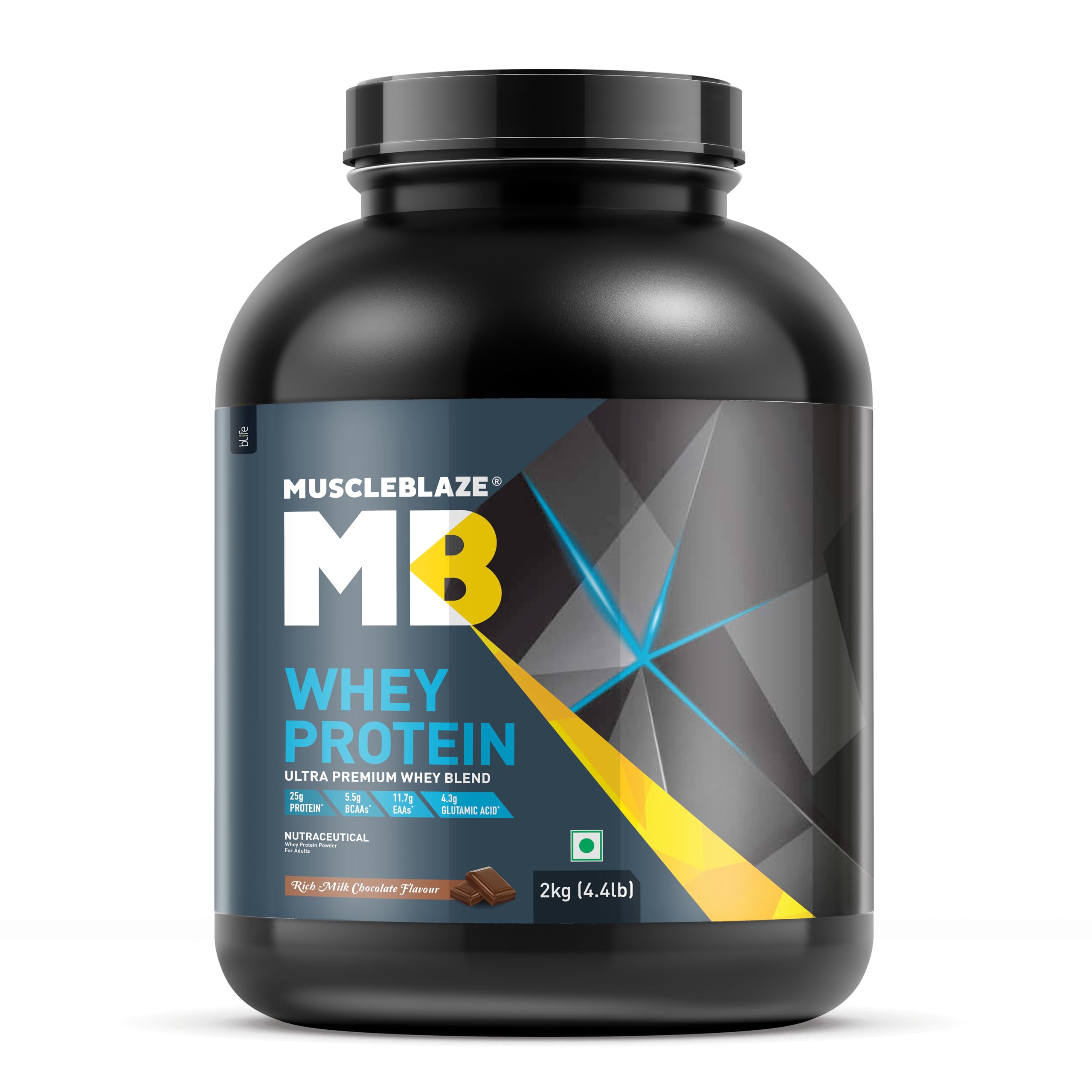 MuscleBlaze100% Whey Protein, Ultra Premium Blend with Whey Protein Concentrate & Whey Protein Isolate, 25 g Protein per Scoop (Rich Milk Chocolate, 2 kg / 4.4 lb)