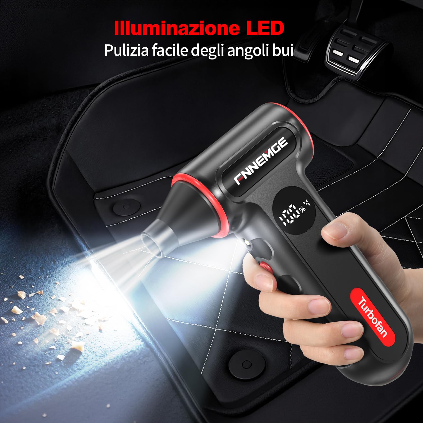 FNNEMGE Soffiatore Elettrico Senza Fili Max 220000 giri/min &12000mAh & 4 Velocità Regolabile con Illuminazione Ausiliaria. Adatto per la Rimozione della Polvere su PC, Tastiere, Auto.
