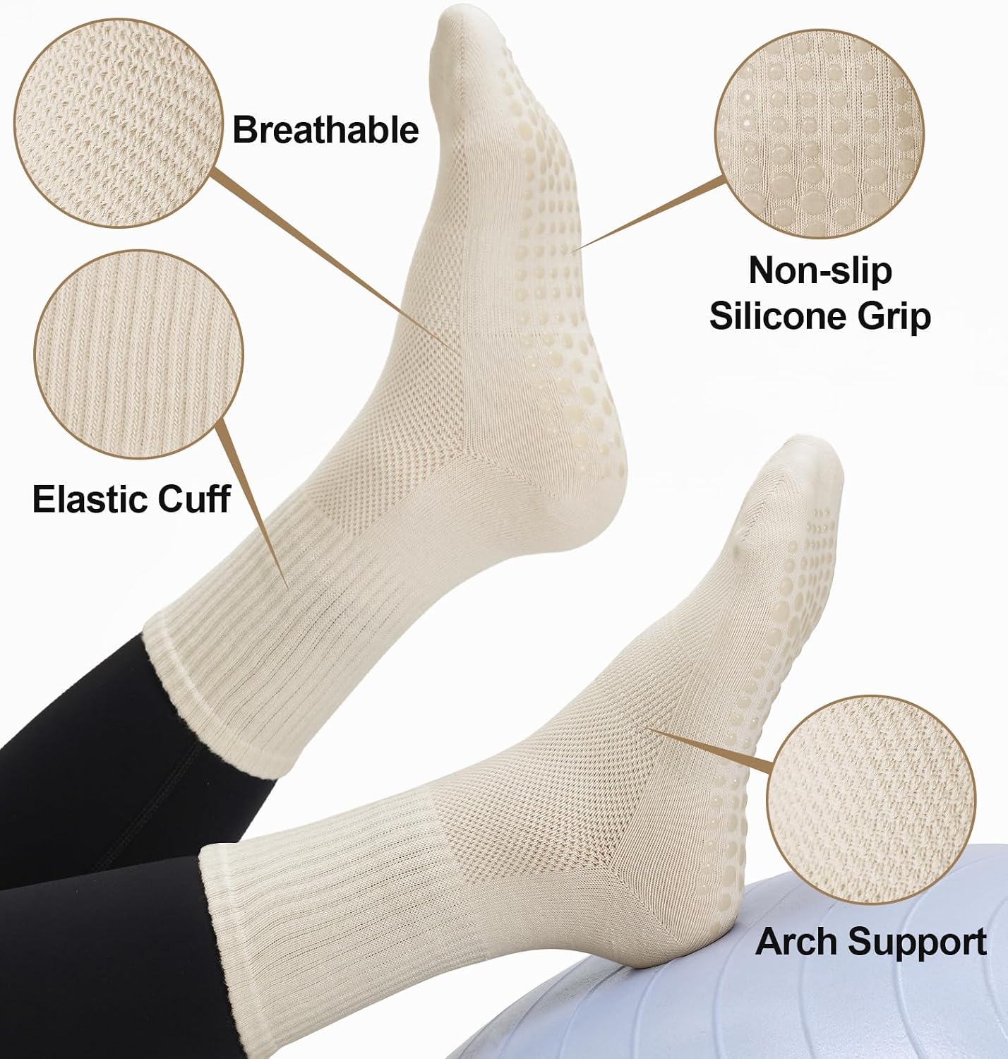 Pilates Socks with Grips for Women Yoga Crew Non Slip Barre Hospital Socks Gym Workout