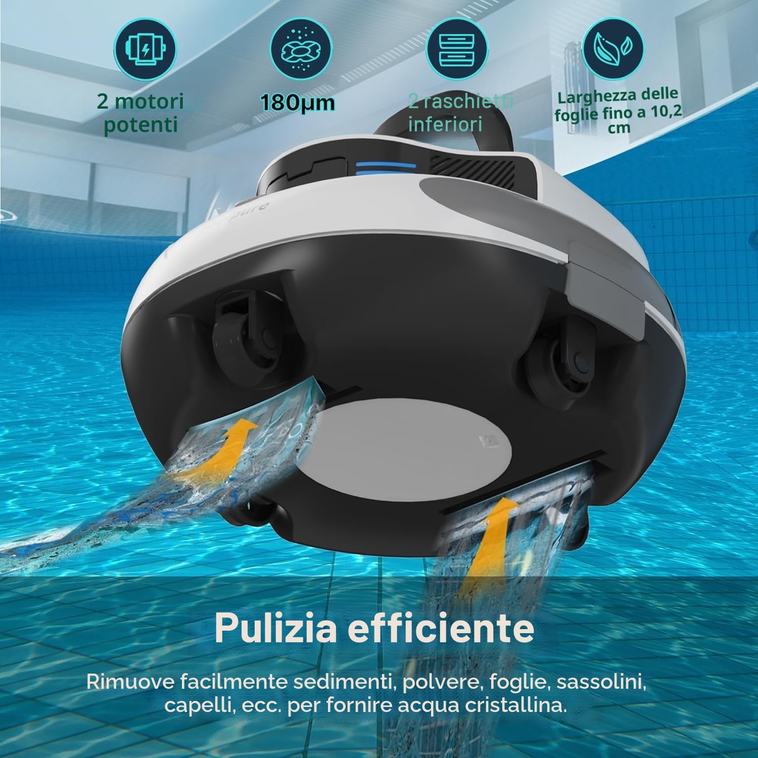 POOLPURE Aspirapolvere per piscina, batteria da 5000 mAh, doppio motore, indicatori LED, funzione self-Parking, IPX8, impermeabile, robot da piscina senza fili per piscine piatte da 90 m²