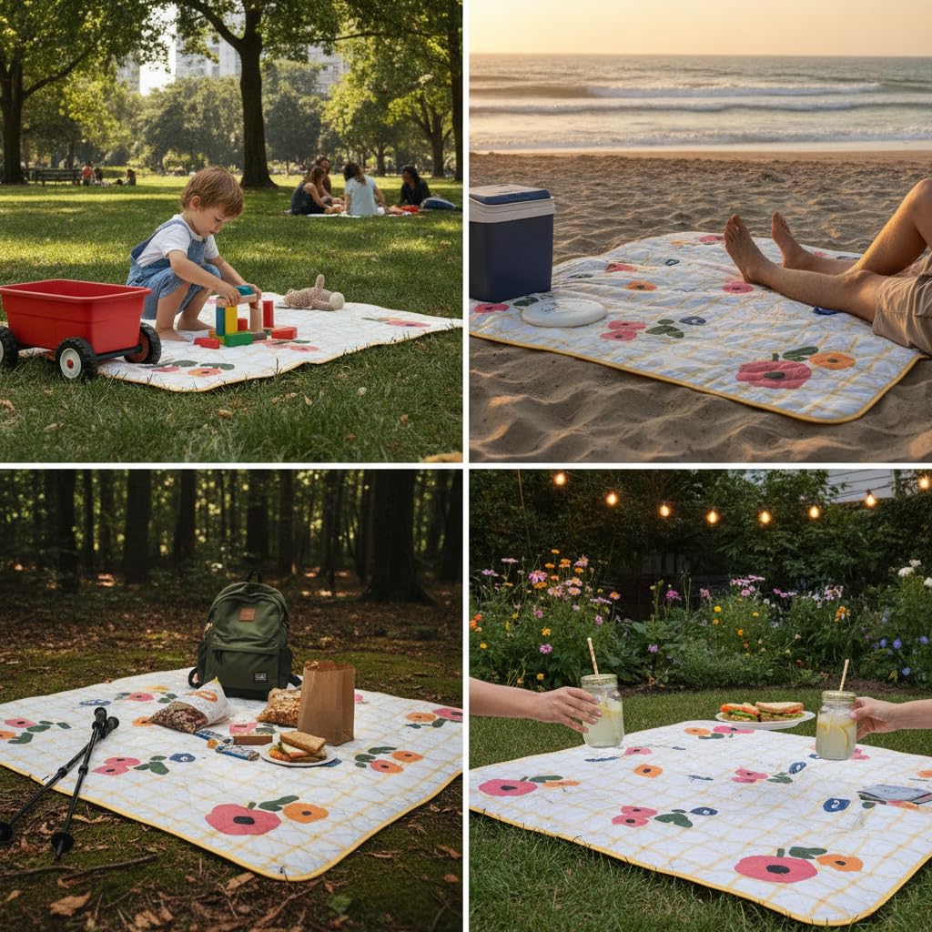 Coperta da Esterno Impermeabile 200x300 cm - da Campeggio con Fondo Impermeabile per Esterno - per picnic, Giallo a quadri con fragole e fiori, 300 * 300cm