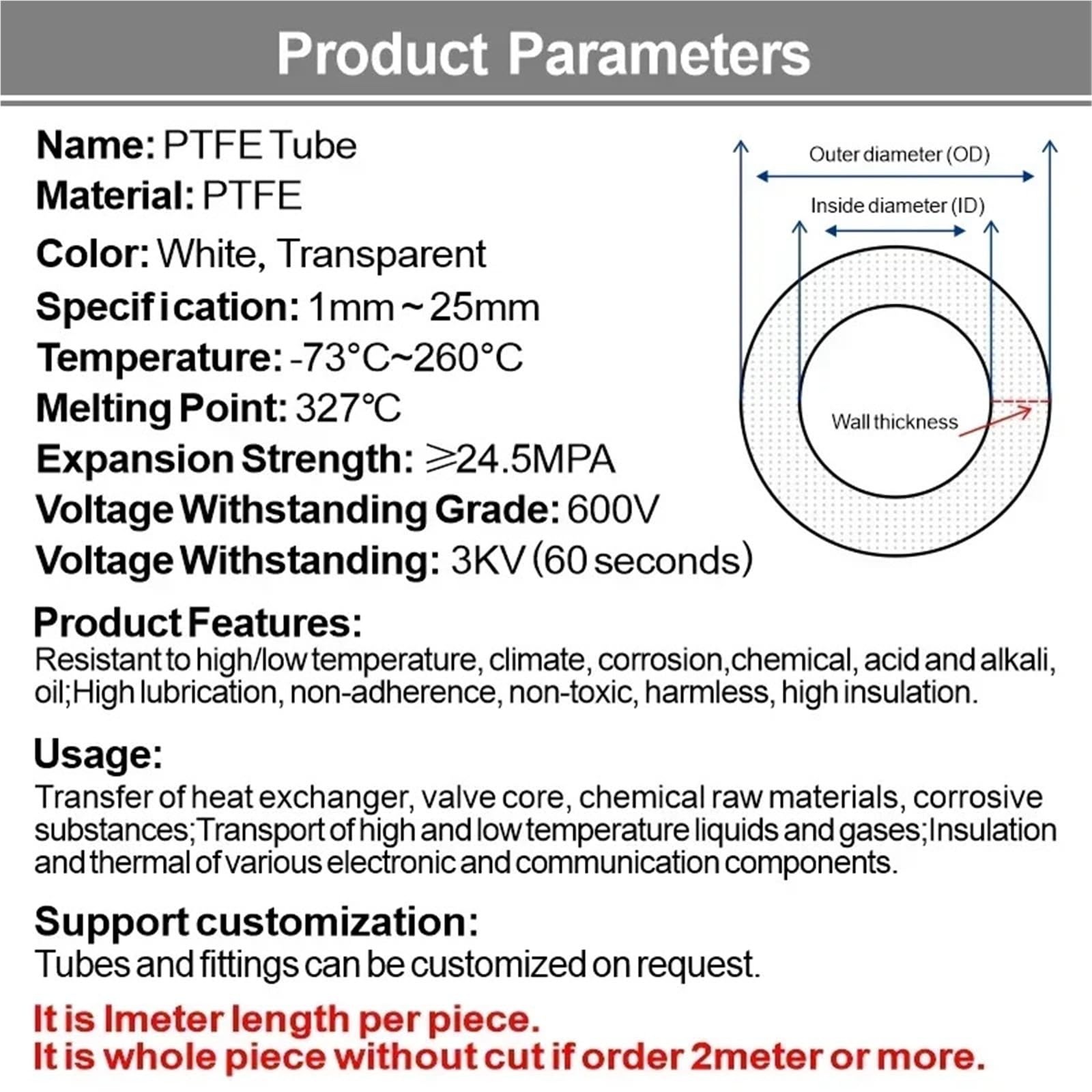 PTFE Tubo For impresora 3D Extrusora Bowden ID 1/2/3/4/5/6~19 mm | Alta temperatura/resistente a la corrosión Baja fricción(1M_ID 6MM X 10MM)