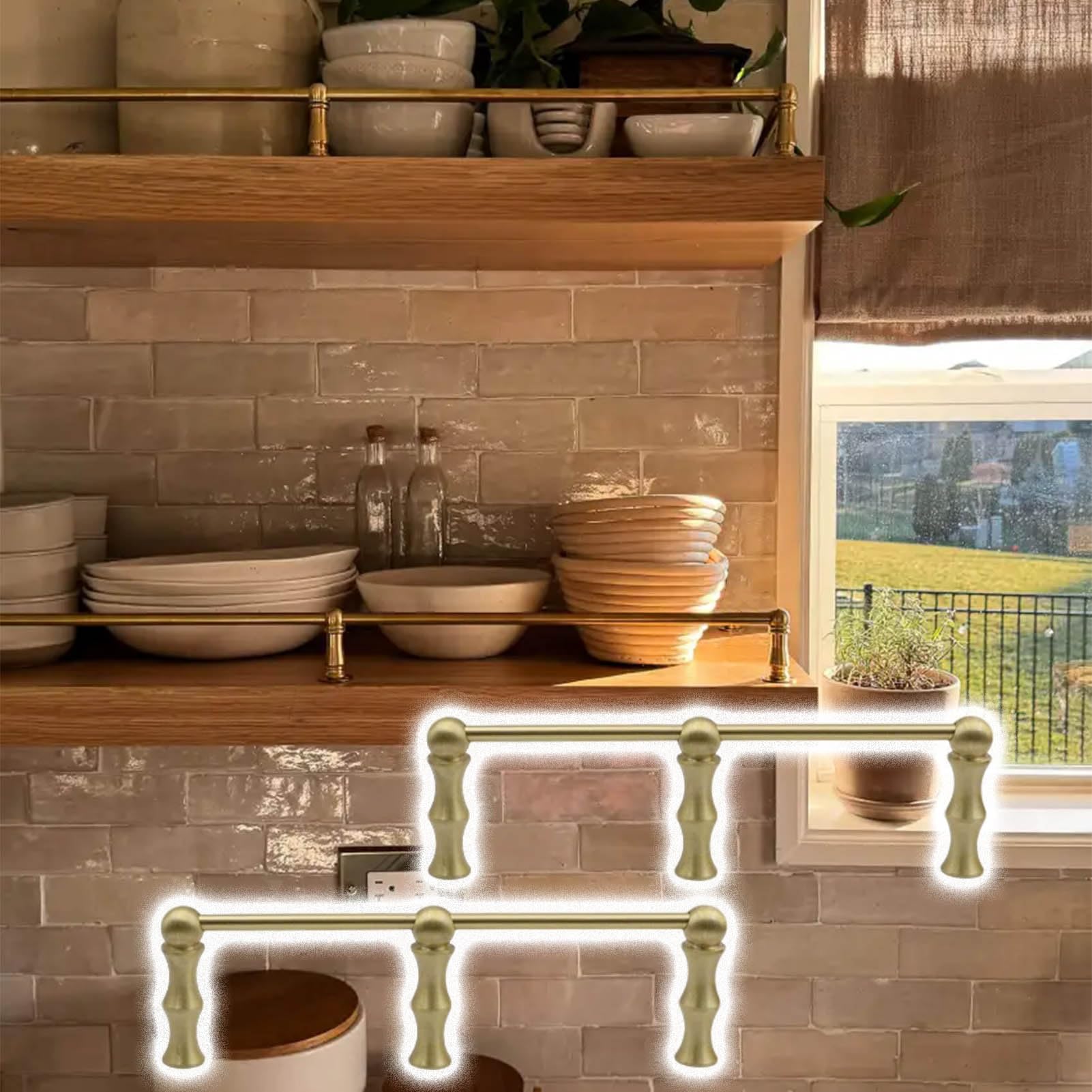 SaryEdge 2 Pcs 40in Brass Shelf Guard Rail with 3 Spindles Decorative Floating Shelf Railing for Kitchen Closet Pantry - Stylish Cabinet Fence Rod,B-40in (102c,B-40in (102cm)
