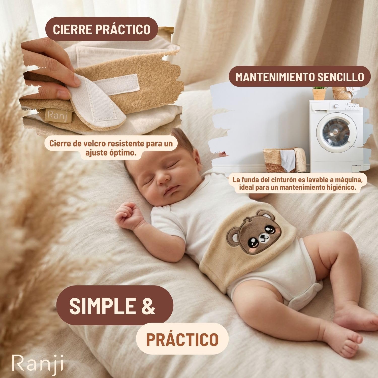 RANJI - Cinturón Anticólicos Bebé con Huesos de Cereza – Saquito de Semillas para Cólicos Bebé Recién Nacido, Algodón Orgánico GOTS & Certificación OEKO-TEX, Apto Microondas (Osito)