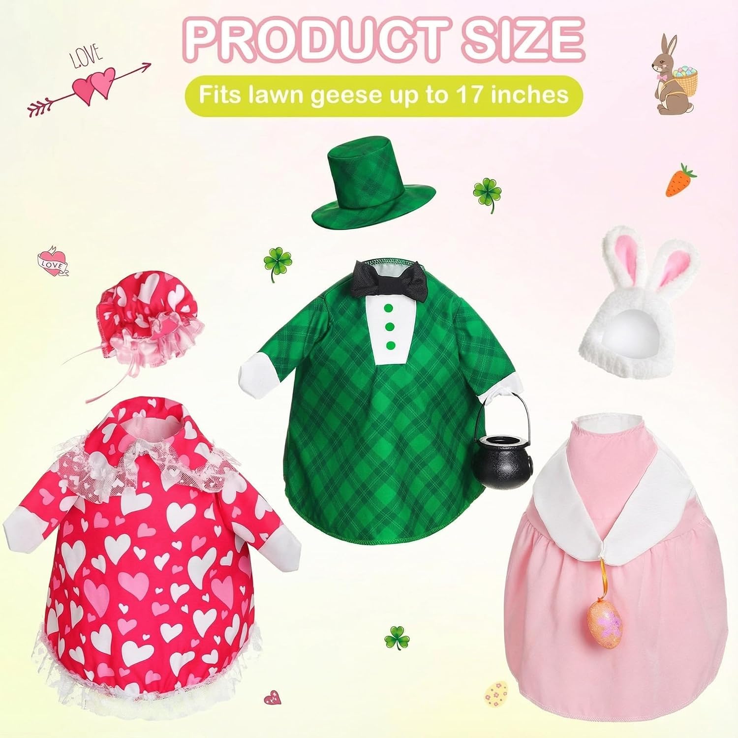 FuWeave 3 Set Easter Goose Outfit St. Patrick Valentine's Day Lawn Porch Goose Clothes Cement Patio Yard Lawn Costume