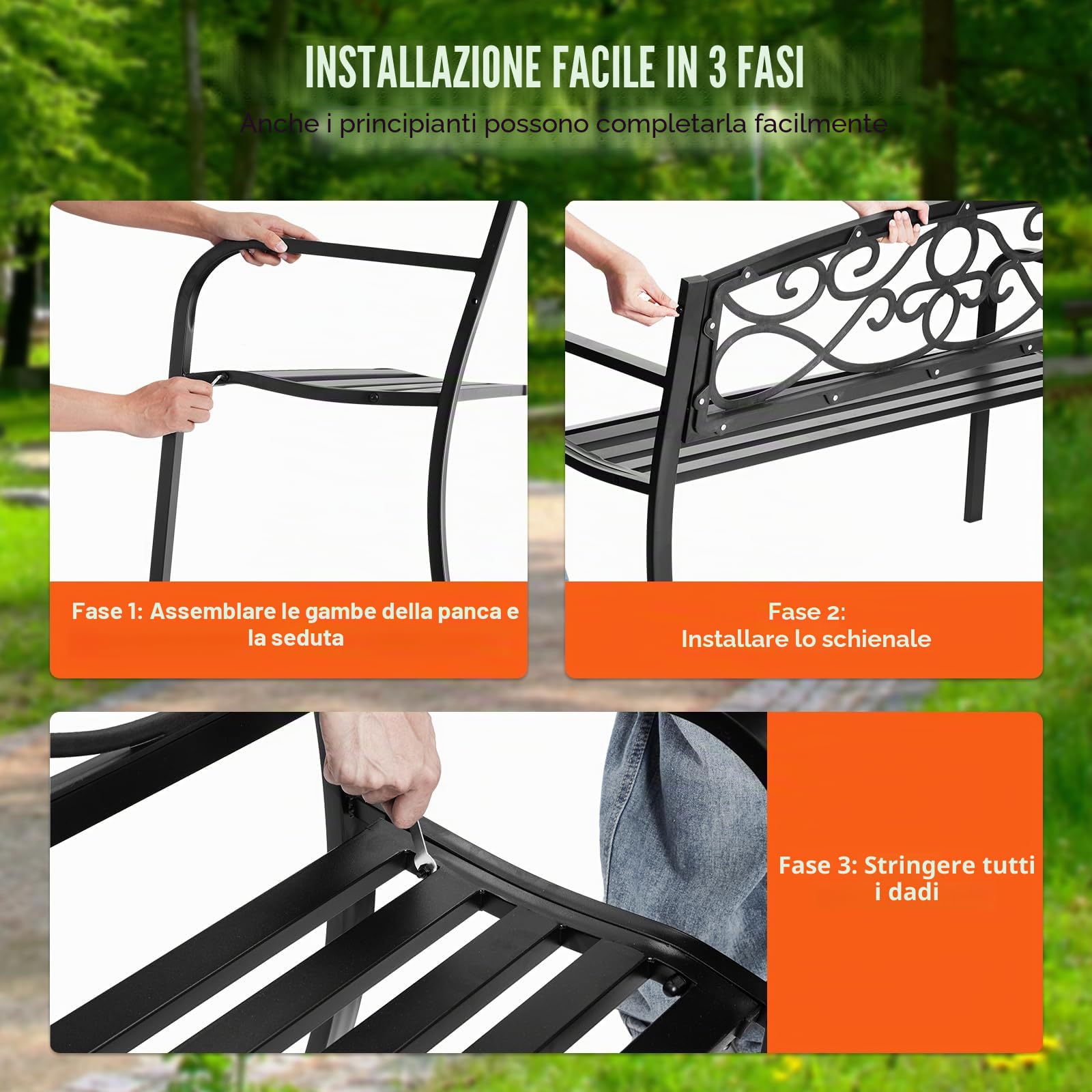 VEVOR Panchina da Esterno da 52,7 x 127 x 81,8 cm Panchina da Giardino in Metallo per Esterni, Capacità di Carico di 250 kg Panchina da Giardino con Schienale, Braccioli, per Parco, Cortile, Portico