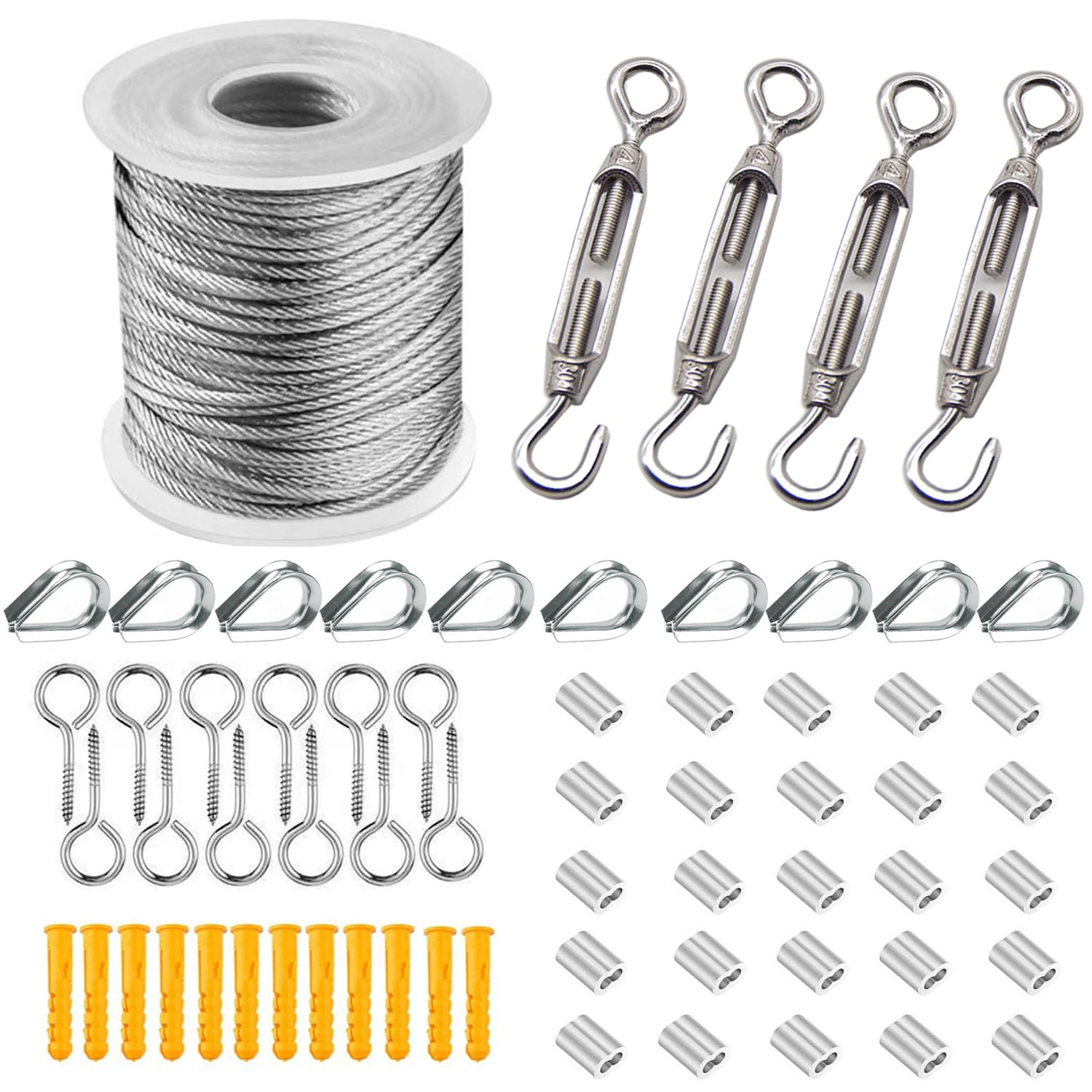 ibubu ステンレスワイヤー 1.5mm 台風対策 固定 ステンレス ワイヤーロープ 柔らかいワイヤー ステンレスロープ wire rope アンテナ固定ワイヤー 物干しロープ 7×7構造（SUS304）切断荷重167kg 地震対策 牽引 防錆性 落下防止 林業 DIY フェンス (1.5mm 長さ55ｍ ステンレスワイヤー セット)