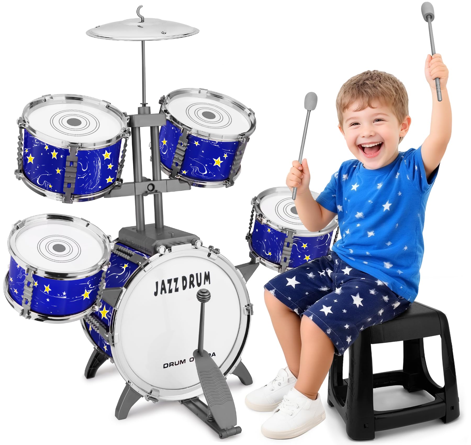 Upgraded Kids Drum Set for Toddlers Plastic Musical Jazz Drum Instruments Kit Birthday Musical Learning Toys for 4 5 6 Boys Girls, Starry Sky Design-image-9