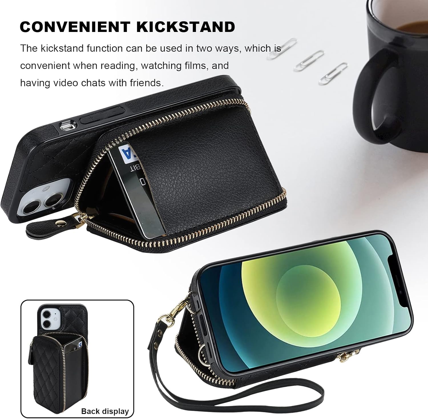 Bocasal Crossbody Wallet Case for iPhone 12 Mini, RFID Blocking PU Leather Zipper Handbag Purse Flip Cover, Kickstand Folio Case with Card Slots Holder Wrist Strap Lanyard 5G 5.4 Inch (Black) - Image 5