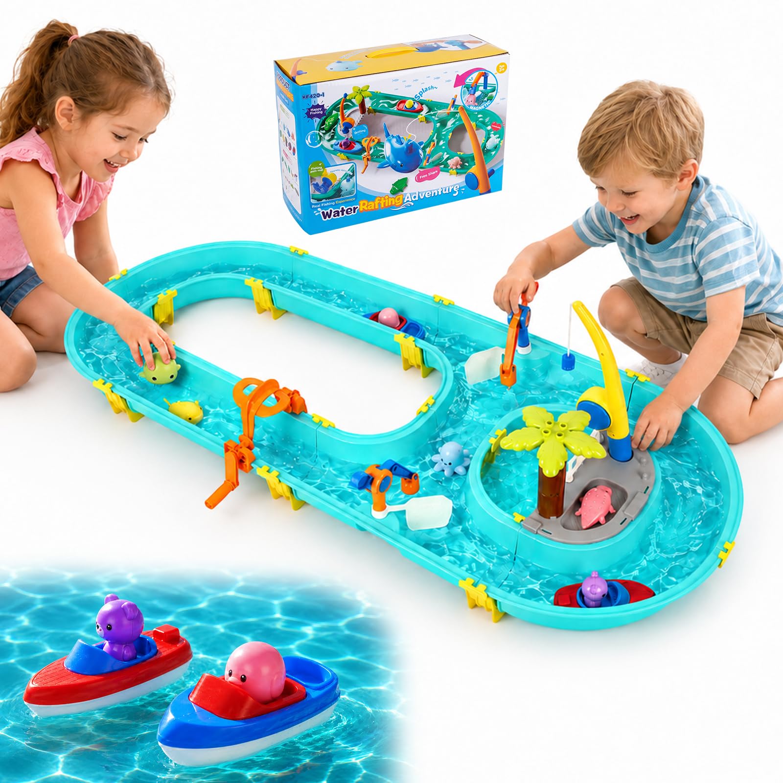 Wasserbahn Kinder Draußen 58-TLG. Wassertisch Spielzeug – Schleusen, Boote & Magnet-Angel inkl. 6 Tierfiguren | Wasserspielzeug ab 3 Jahren für Garten, Terrasse & Strand | Lernspielzeug Feinmotorik &
