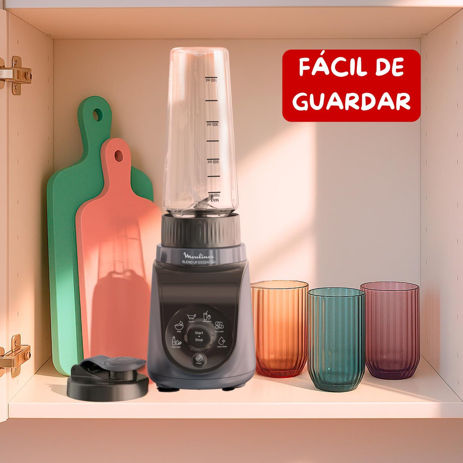 Moulinex Blend Up Essential, Batidora de vaso, 800 W, 6 Programas automáticos, 2 Botellas con tapa para llevar, Cuchillas Powelix, Color Gris, LM1EHBF0