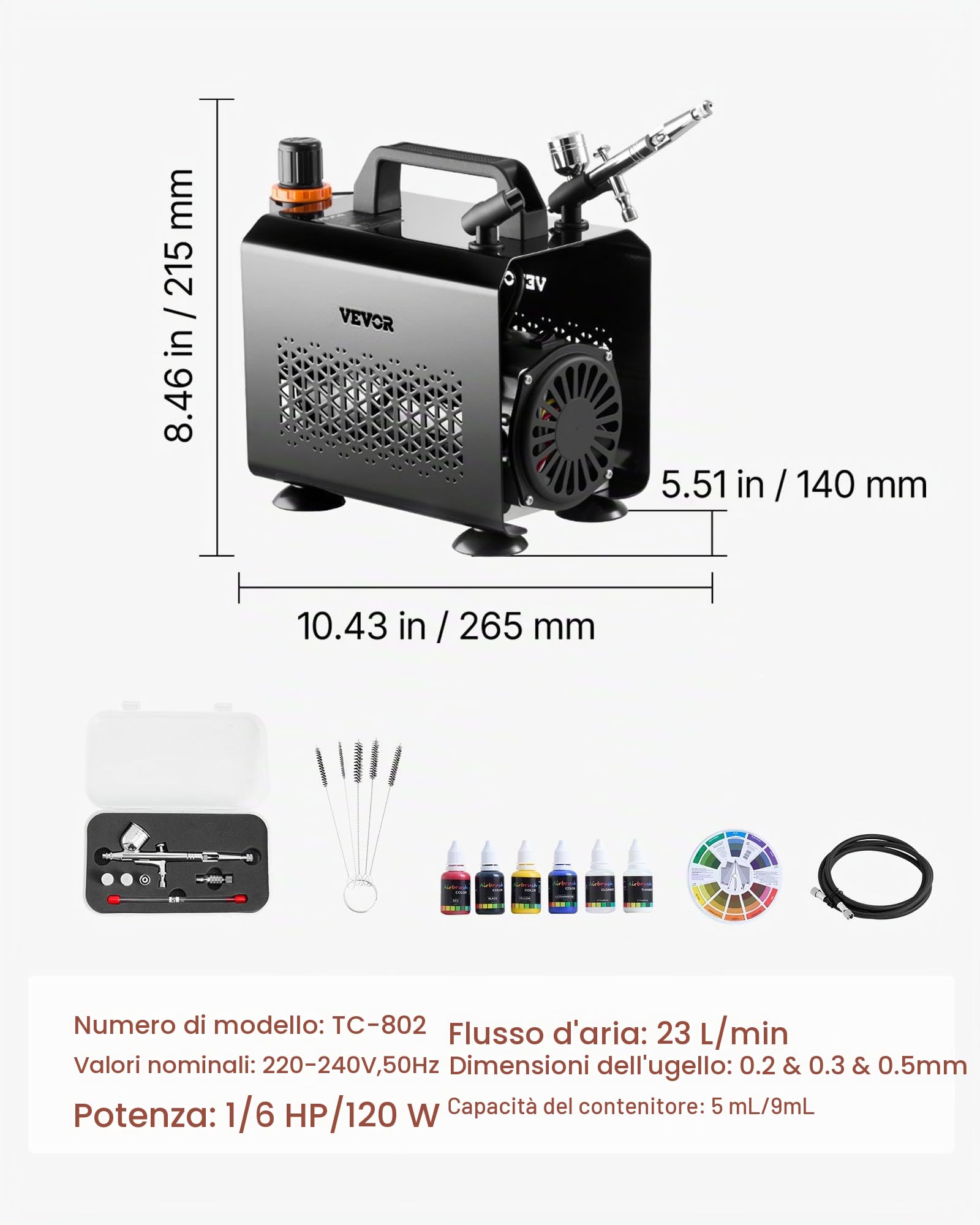 VEVOR Set Aerografo 1/6 HP con Compressore d'Aria, 1 Spruzzatore Aerografo a Doppia Azione con 3 Ugelli (0,2/0,3/0,5 mm) Flusso d'Aria 23 L/min, per Decorazione di Torte, Pittura di Modelli