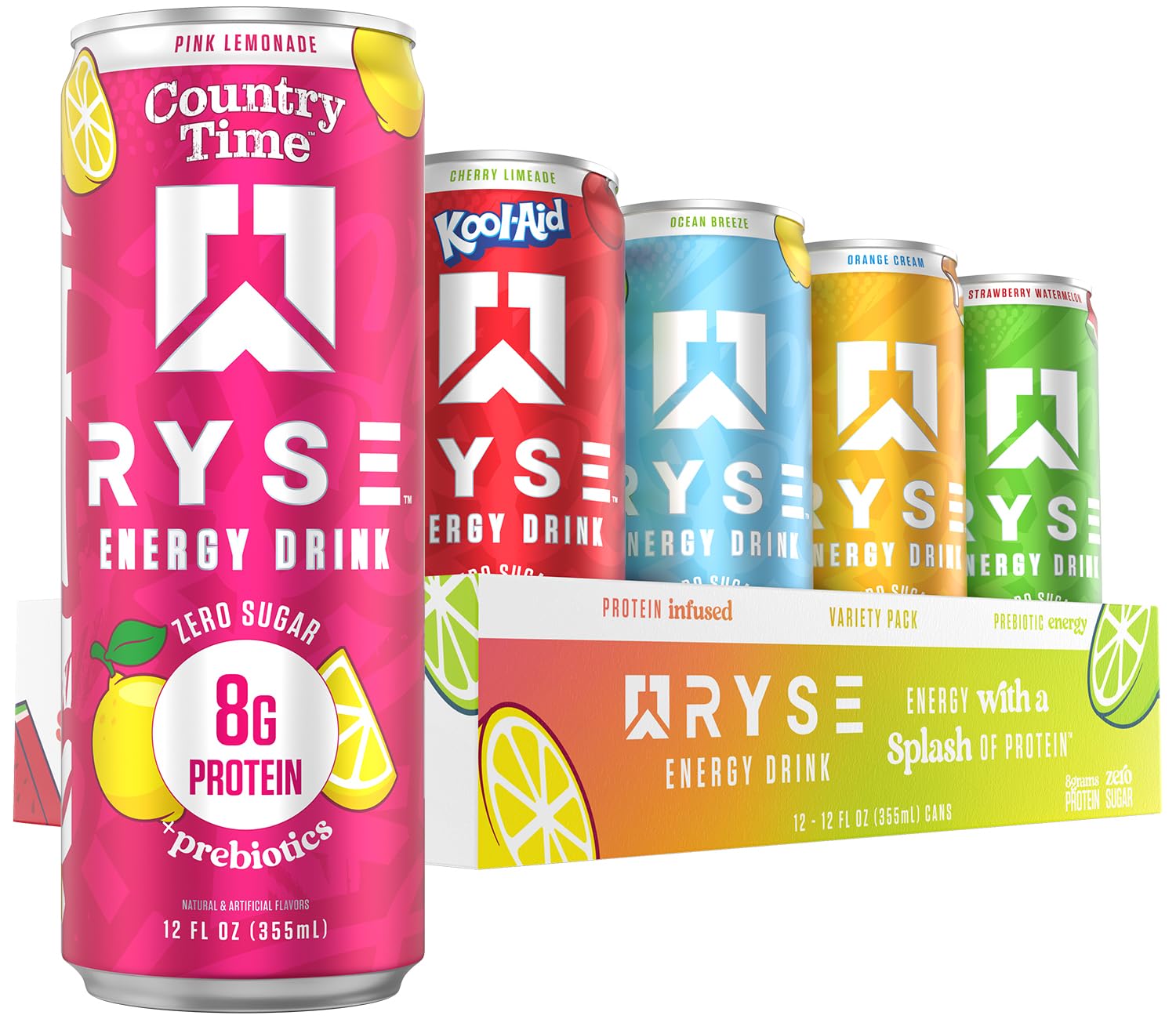 RYSE Functional Energy Drink - 5 Flavors Variety Pack - 150mg Natural Caffeine, 8g Whey Protein & 1g Prebiotics - Sugar Free, Gut-Friendly, Bloat-Free - 12 fl o