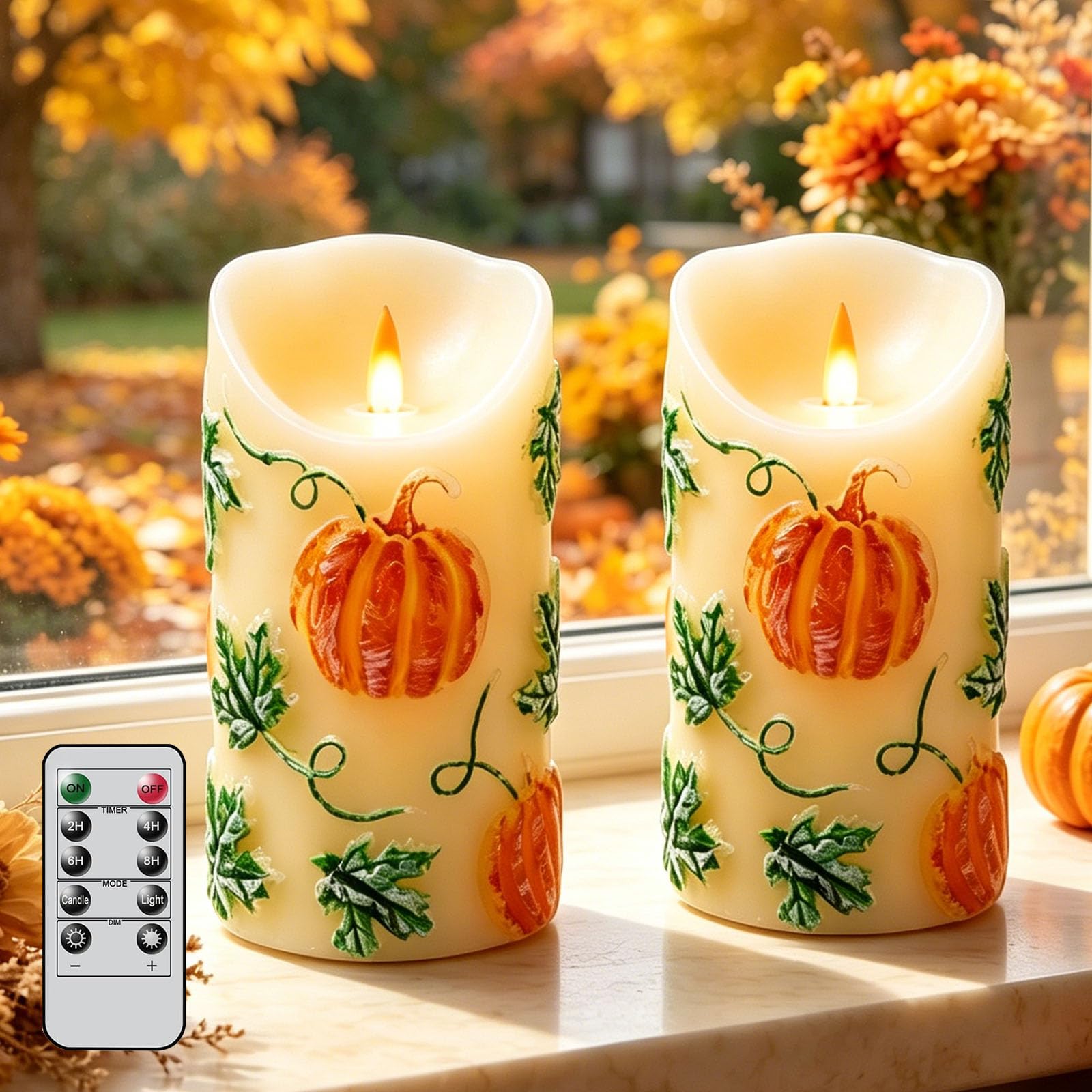 Wekity Autumn Pumpkin Flameless Candles, 2Pcs Paraffin Battery Operated Flickering Pillar Candles with Remote, 3D Embossed Harvest Electric Candles for Halloween & Autumn Home Decor (Pumpkin)