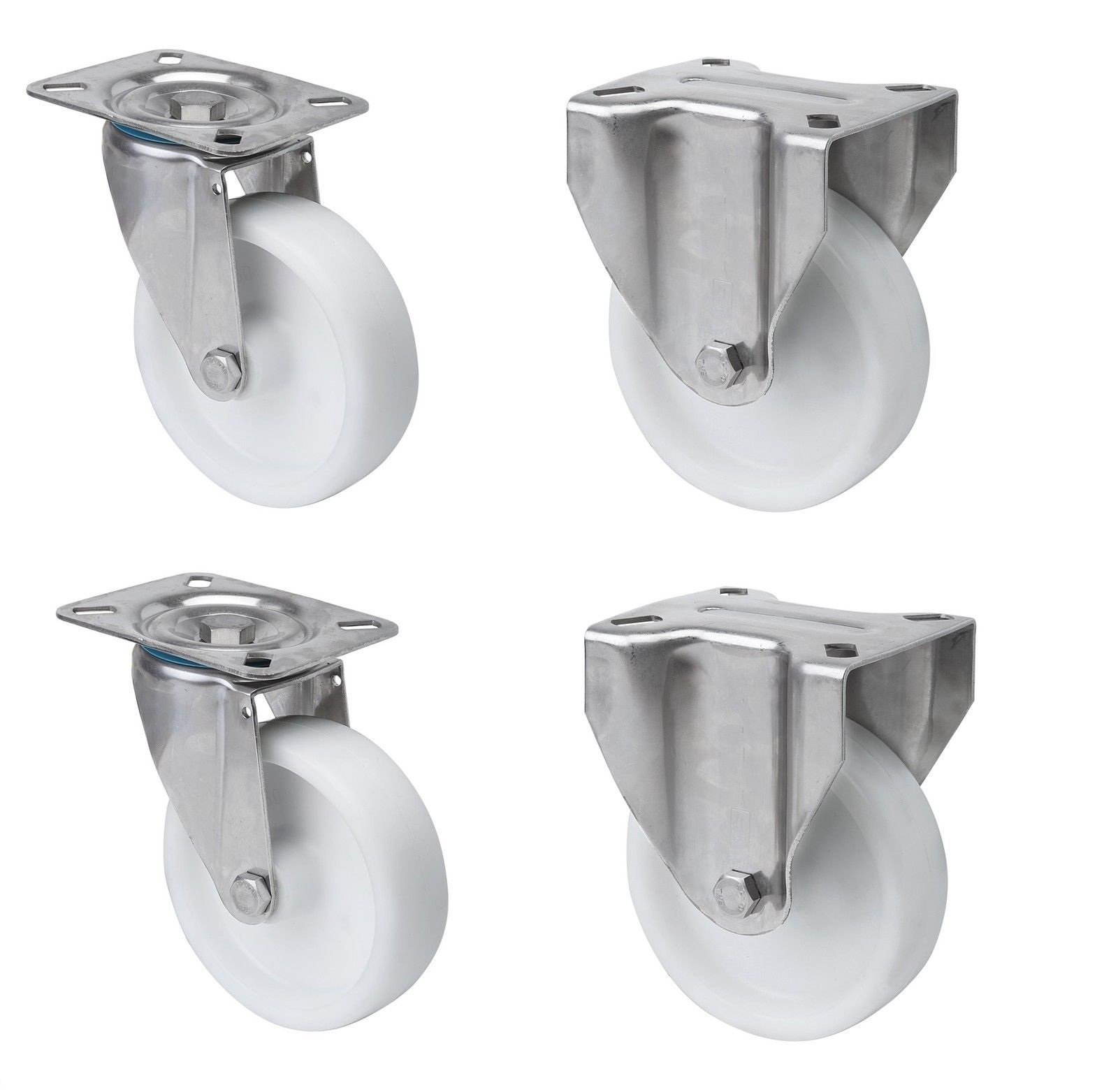 Satz je 2 Transportgeräterolle Bockrolle Lenkrolle Edelstahl 80 mm Rad aus Polyamid Anschraubplatte V2A INOX Edelstahlrolle Polyamidrad