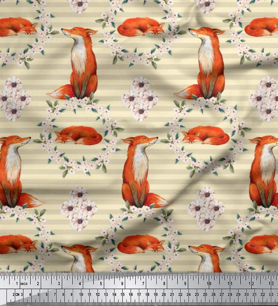 Soimoi White Rayon Fabric Floral Wreath & Fox Stripe Fabric Prints By Yard 42 Inch Wide