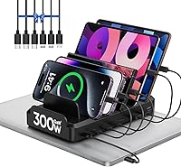 LcssioChargeFaster 300W 8-Port USB-C Charging Station for MacBook, iPhone 16/15/14, Samsung Galaxy, iPad - Multi-Device Fast Charger Dock w/ Cables