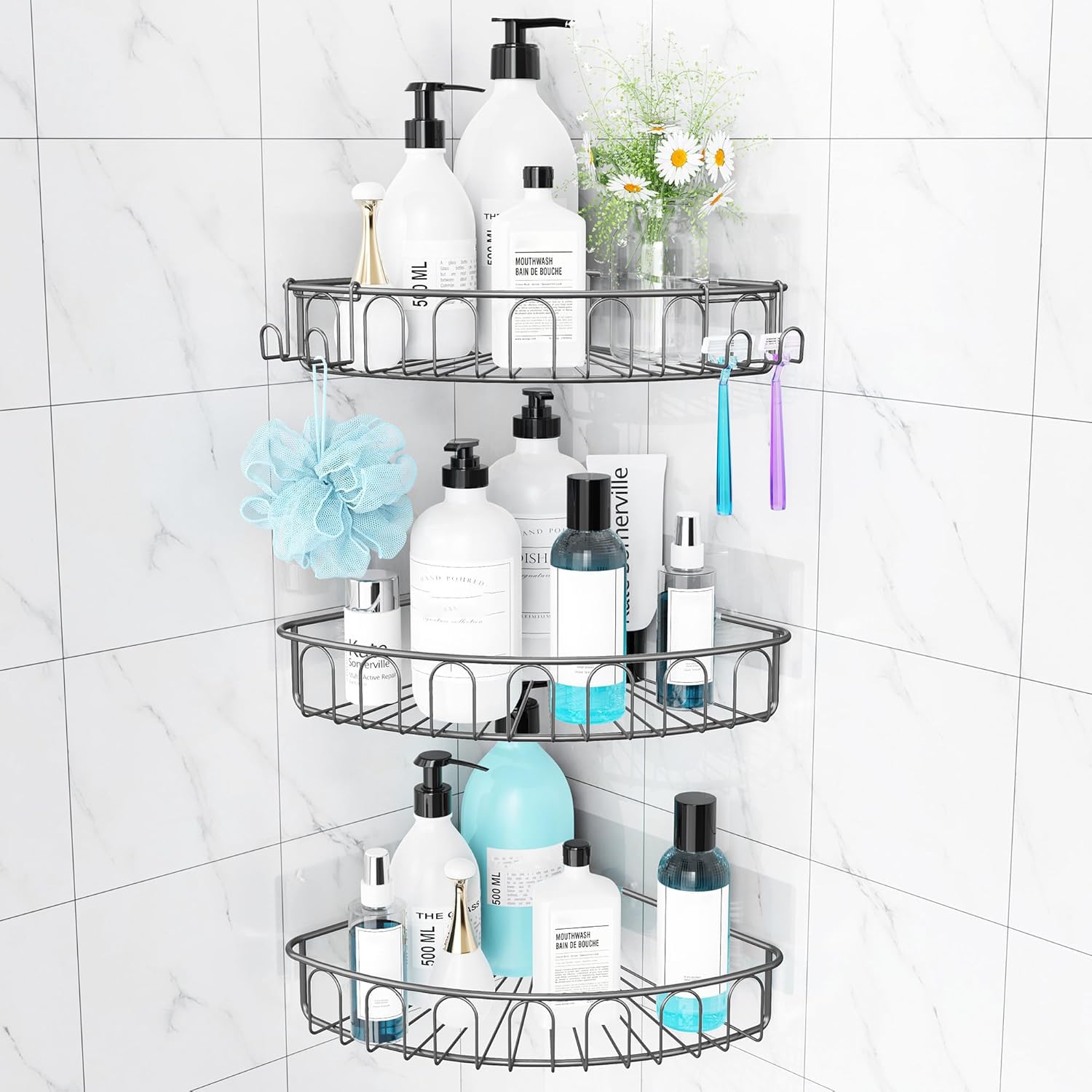 Orimade Corner Shower Caddy Stainless Steel with Hooks Wall Mounted Bathroom Shelf Storage Organizer Adhesive No Drilling 3