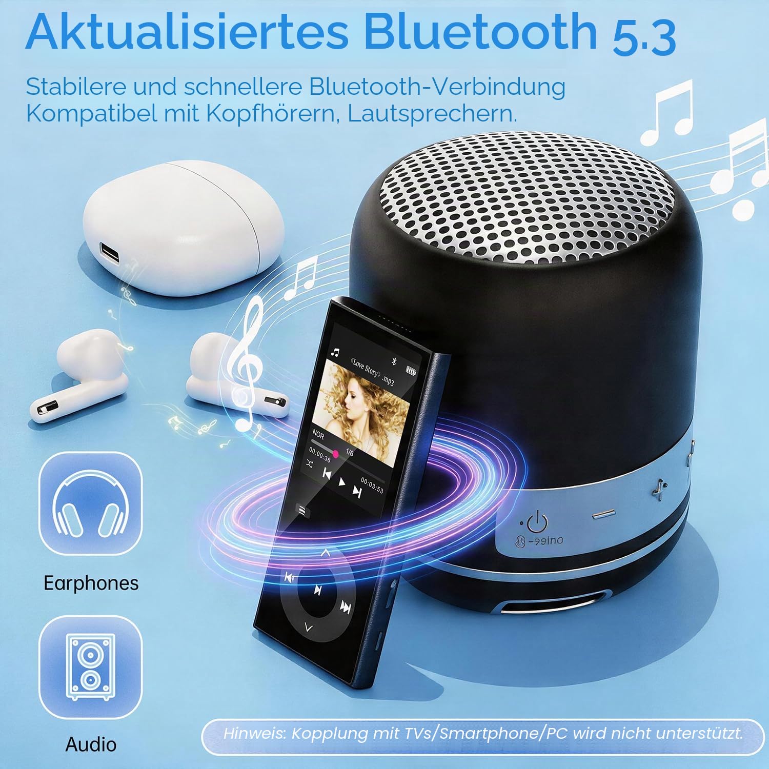90GB MP3 Player Bluetooth 5.3, Musik Player 2 TF-Kartensteckplätzen, 2,4" Farbbildschirm, Touch-Tasten, MP3 Player Kinder mit Lautsprecher, Unterstützung bis zu 256 GB, Inklusive Kopfhörer, Schwarz
