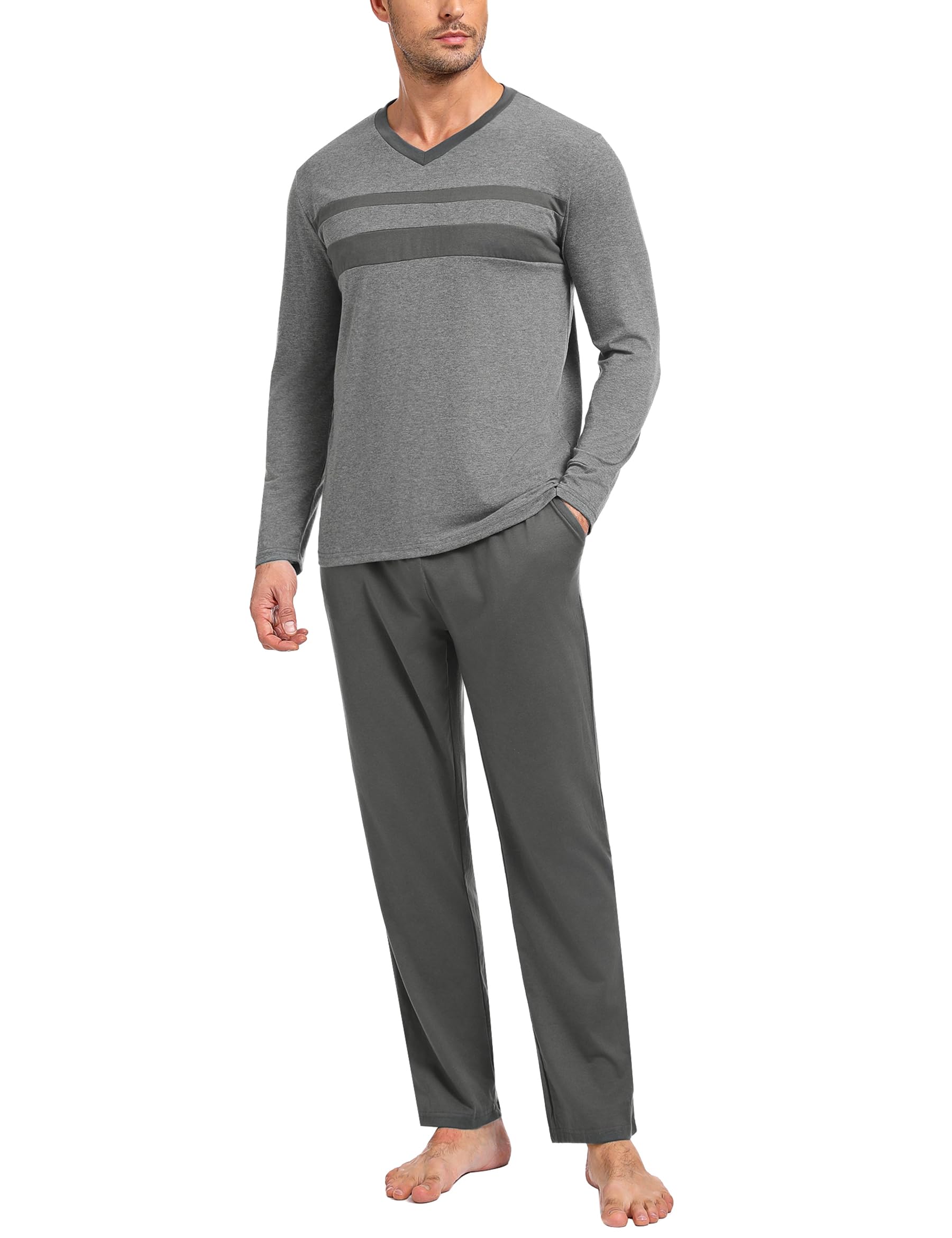 Nieery Schlafanzug Herren Lang Winter Pyjama Set Baumwolle Langarm V-Ausschnitt T-Shirt Schlafanzughose Pyjamahose mit Tasche